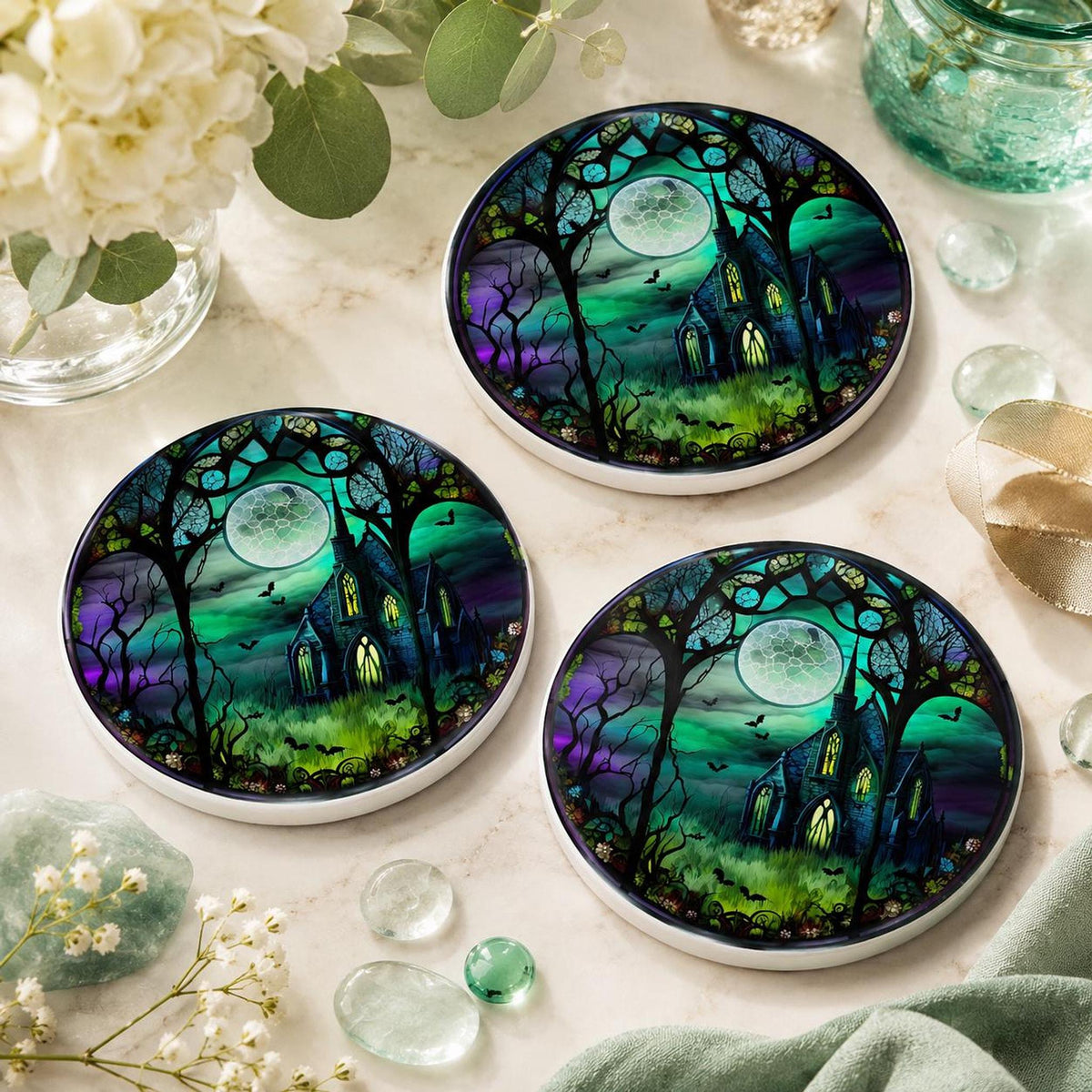 Halloween Coaster with Moonlit Gothic Chapel Design, Ceramic Drink Mat