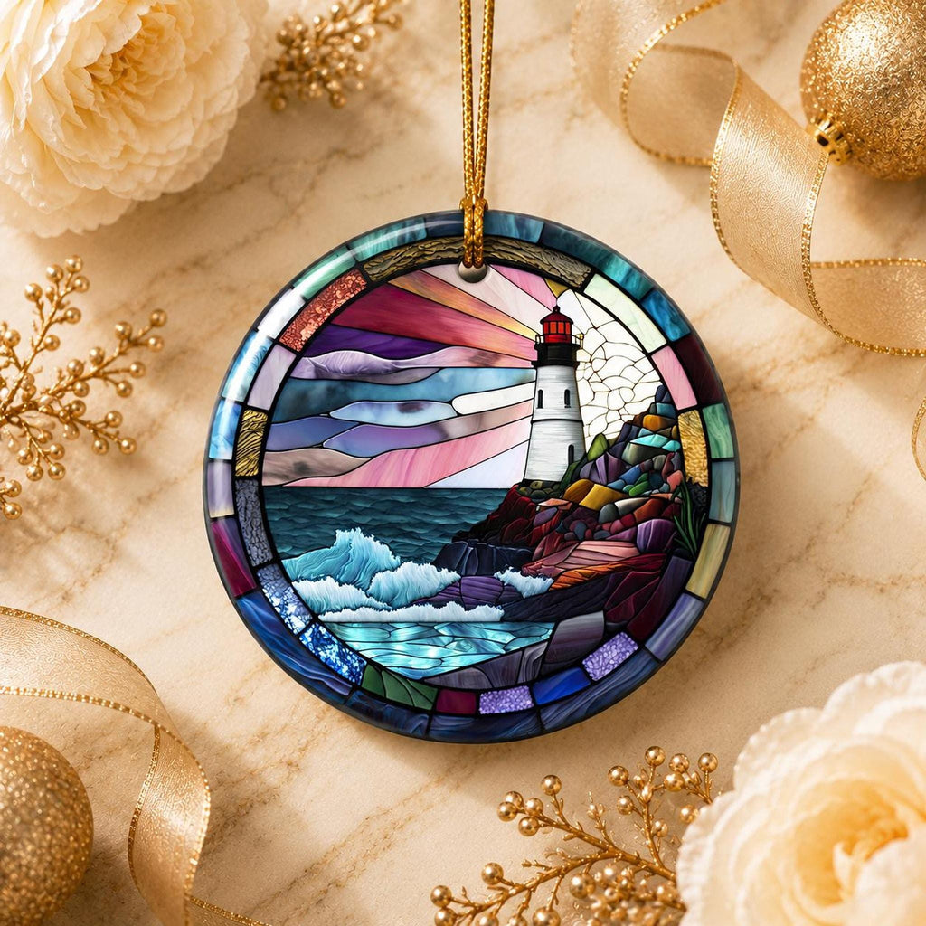 Lighthouse Ornament, Round Ceramic Keepsake with Coastal Scene