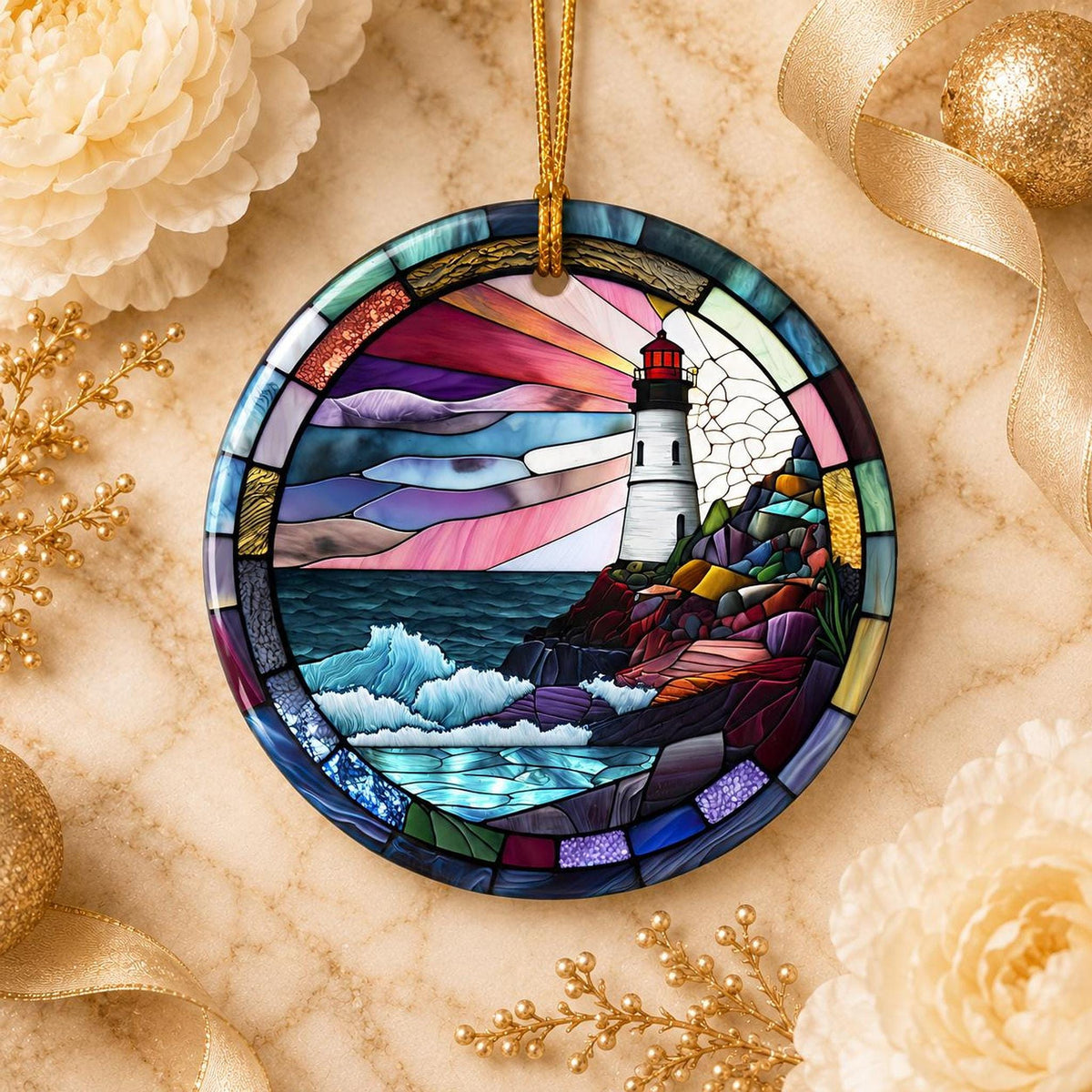 Lighthouse Ornament, Round Ceramic Keepsake with Coastal Scene