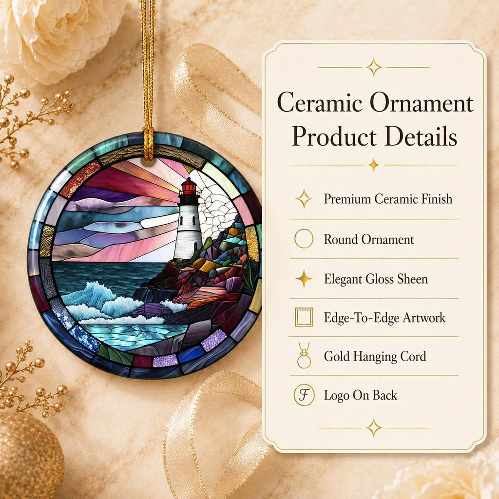 Lighthouse Ornament, Round Ceramic Keepsake with Coastal Scene