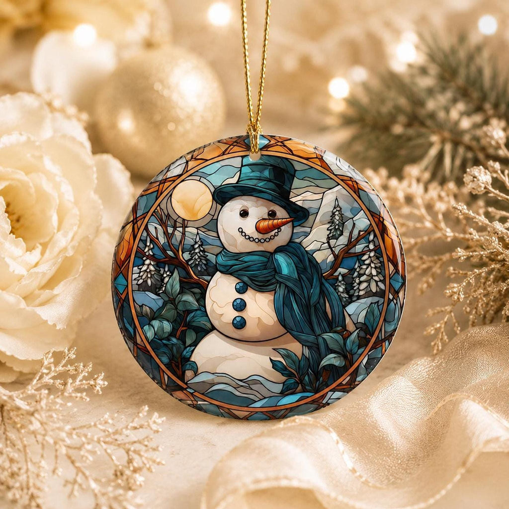 Snowman Ornament, Ceramic Holiday Keepsake with Leaded Glass Design