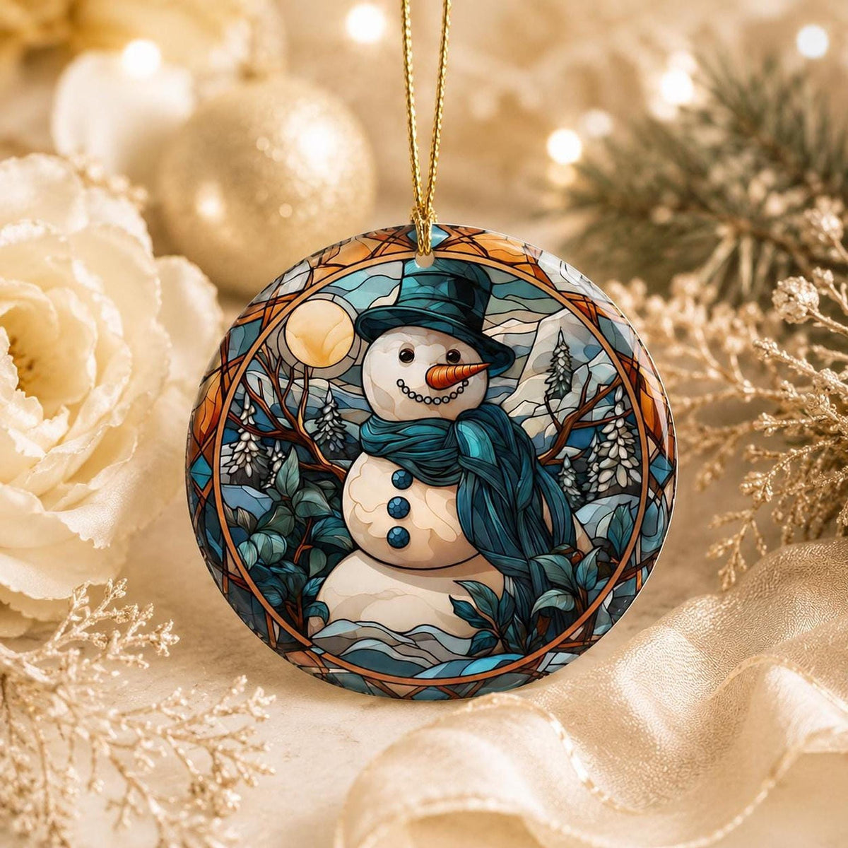 Snowman Ornament, Ceramic Holiday Keepsake with Leaded Glass Design