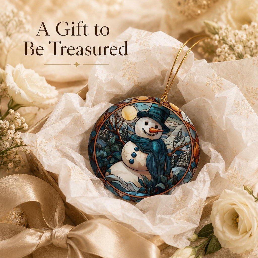 Snowman Ornament, Ceramic Holiday Keepsake with Leaded Glass Design
