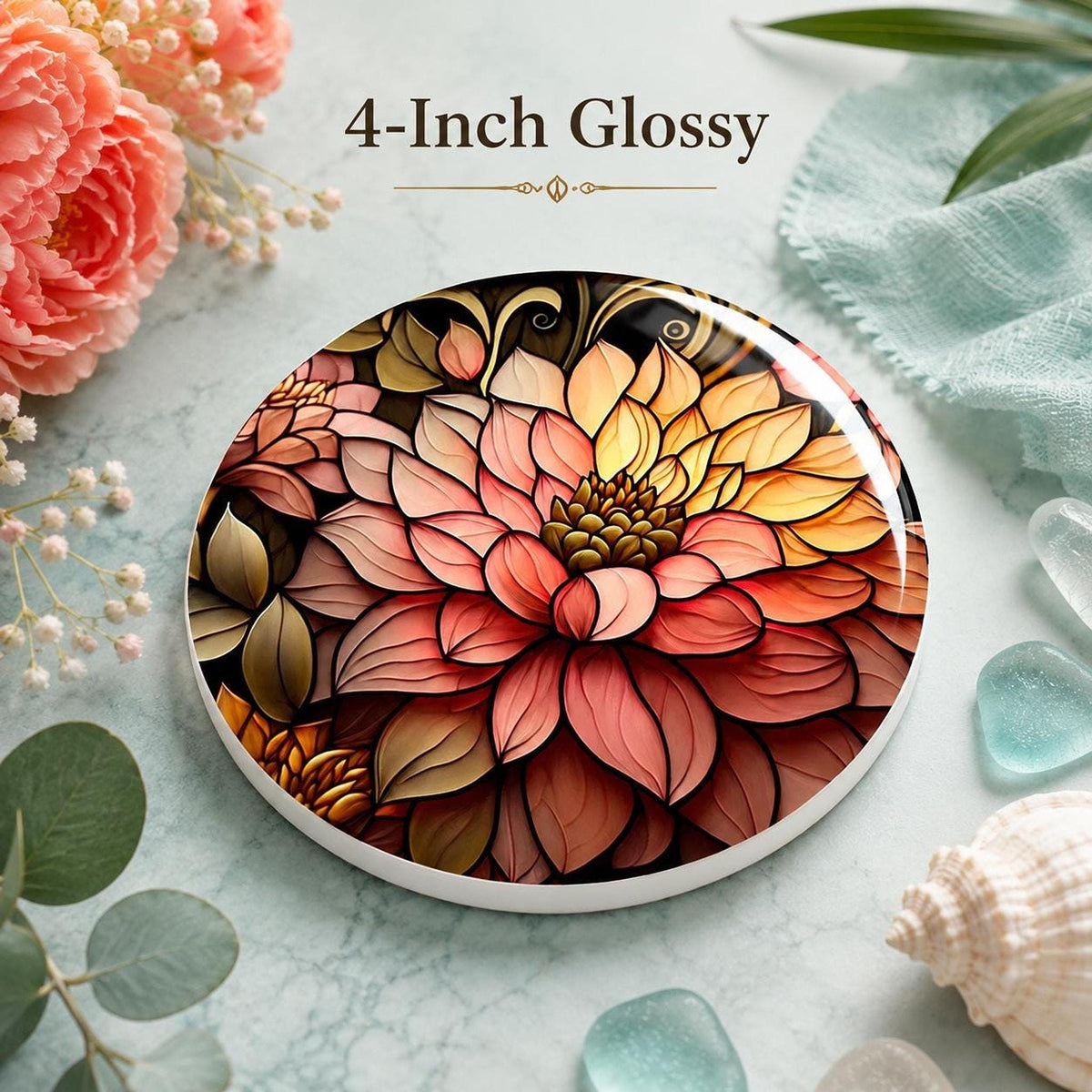 Floral Coaster, Round Dahlia Ceramic Table Decor with Glossy Finish