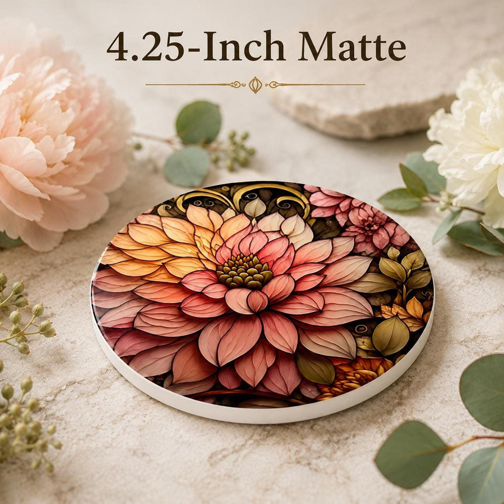 Floral Coaster, Round Dahlia Ceramic Table Decor with Glossy Finish