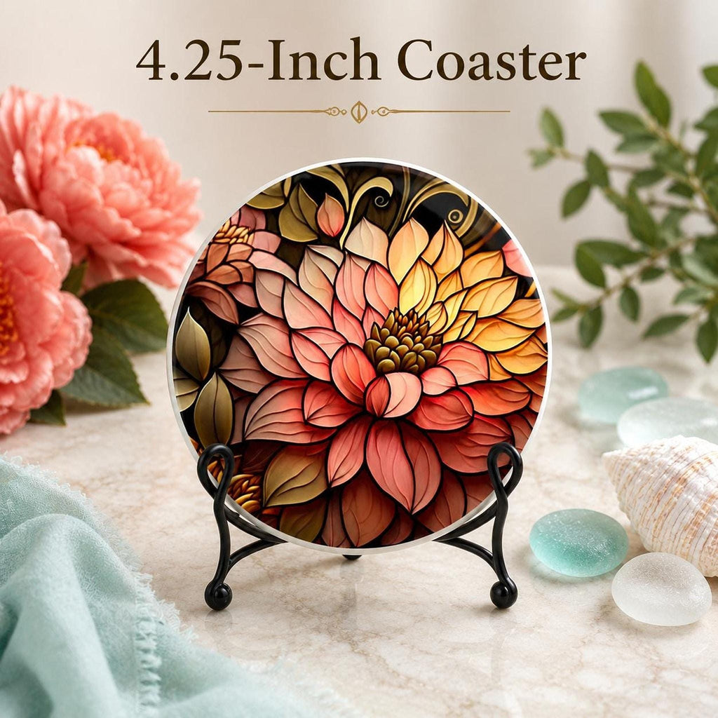 Floral Coaster, Round Dahlia Ceramic Table Decor with Glossy Finish