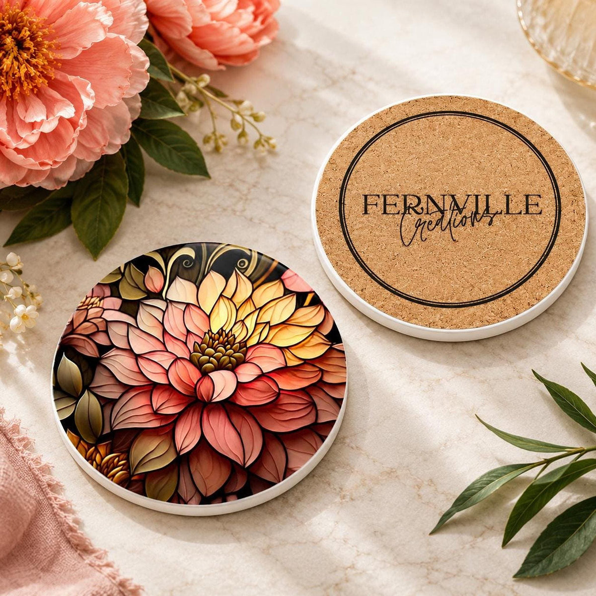 Floral Coaster, Round Dahlia Ceramic Table Decor with Glossy Finish