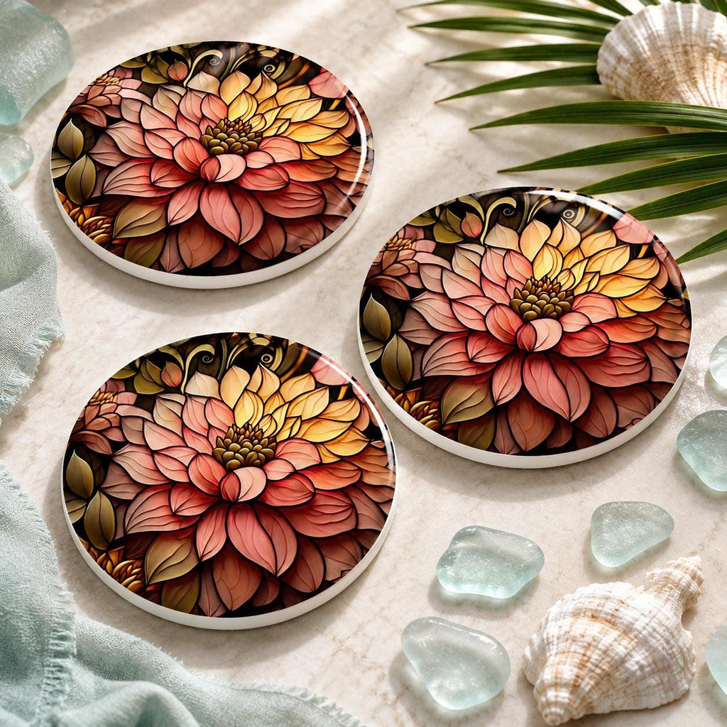 Floral Coaster, Round Dahlia Ceramic Table Decor with Glossy Finish