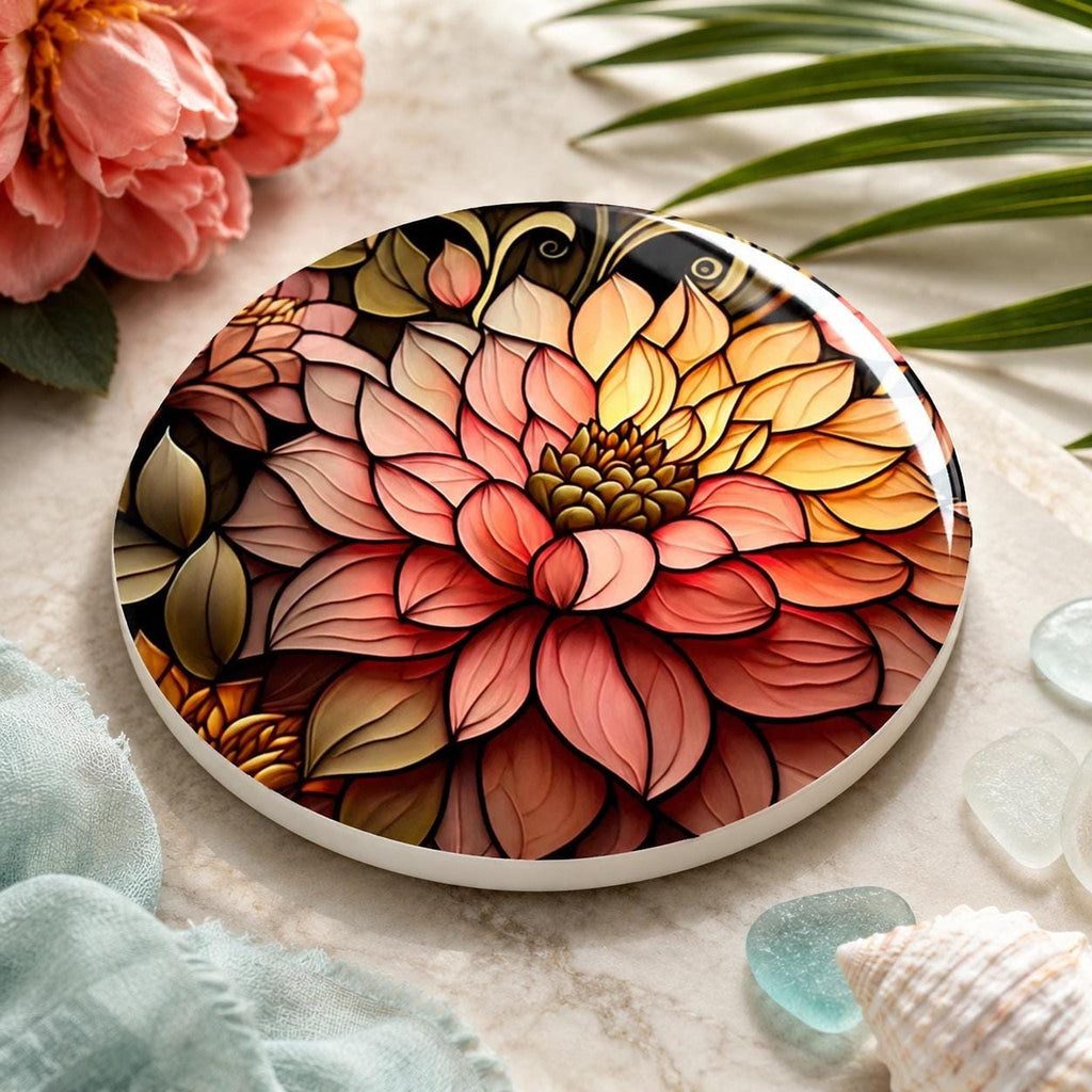 Floral Coaster, Round Dahlia Ceramic Table Decor with Glossy Finish