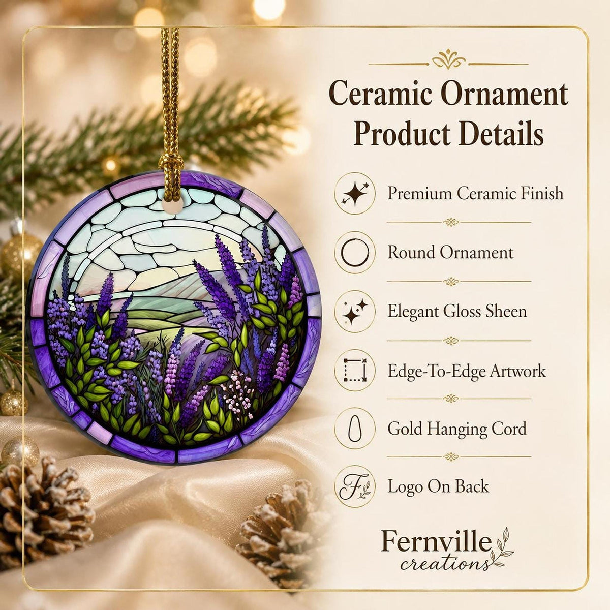 Lavender Ornament, Round Ceramic Keepsake with Botanical Design