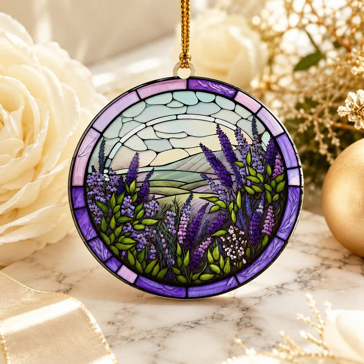 Lavender Ornament, Round Ceramic Keepsake with Botanical Design