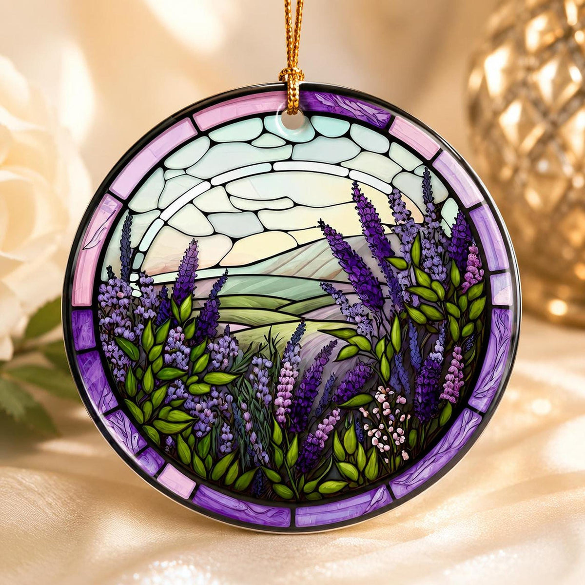 Lavender Ornament, Round Ceramic Keepsake with Botanical Design