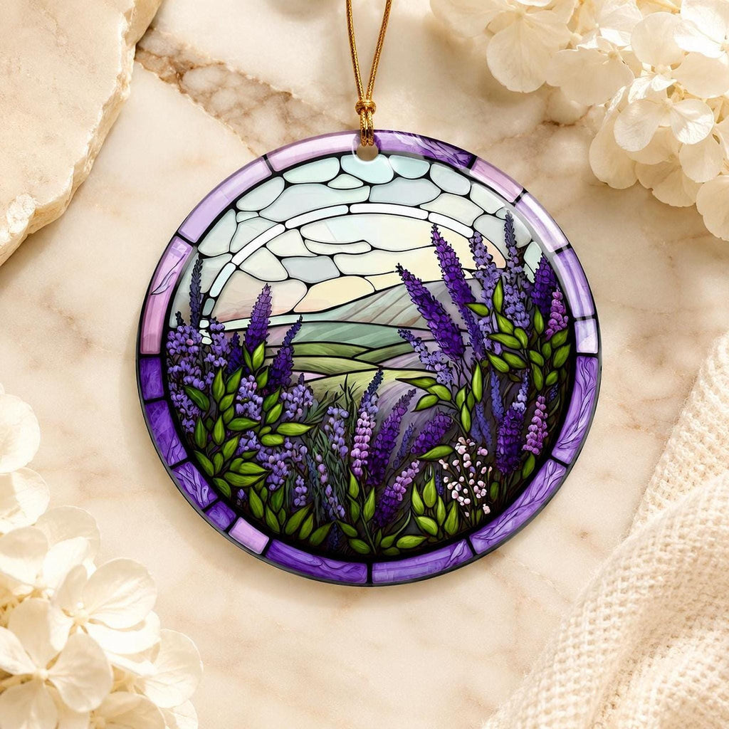 Lavender Ornament, Round Ceramic Keepsake with Botanical Design
