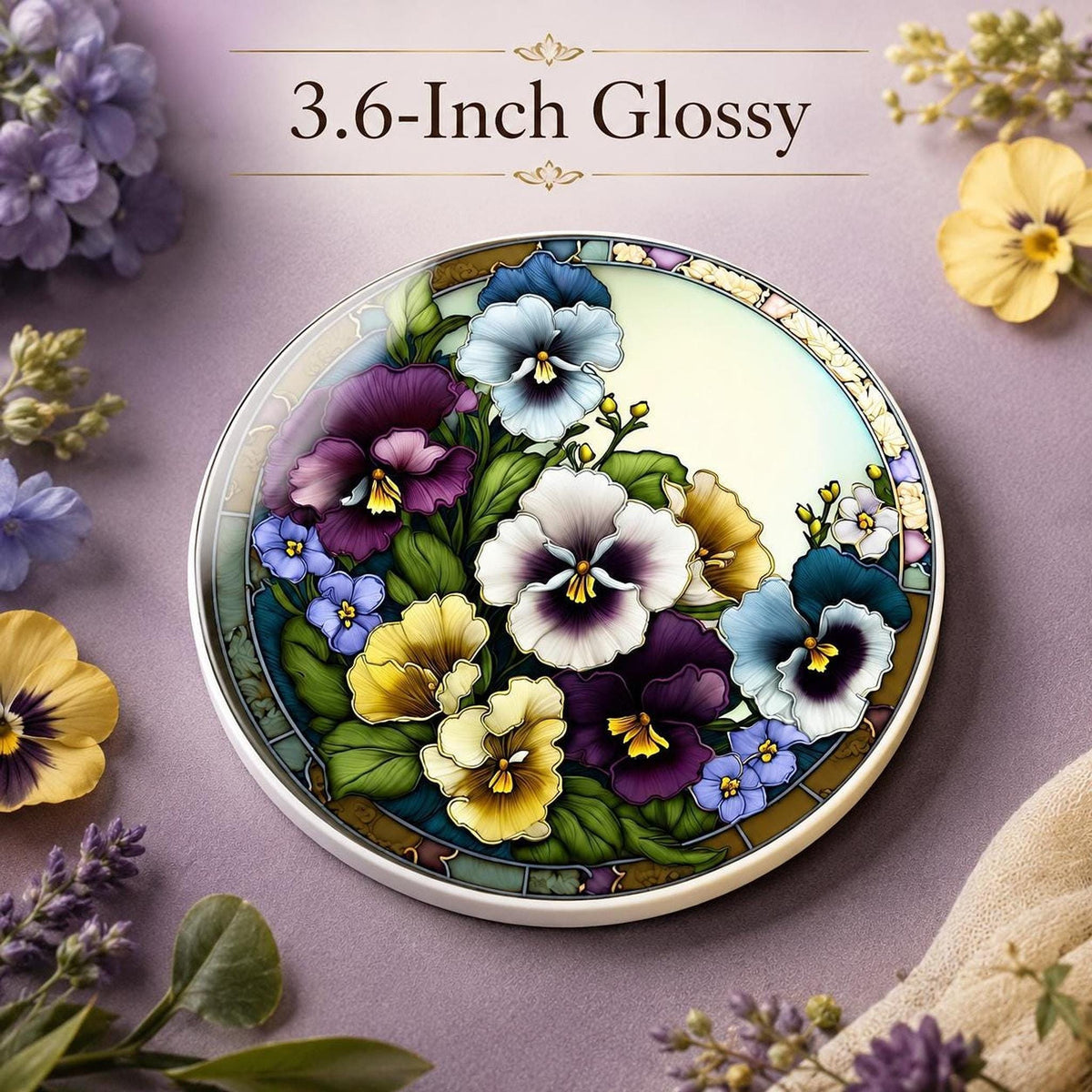 Pansy Coaster, Colorful Floral Ceramic Drink with Botanical Design