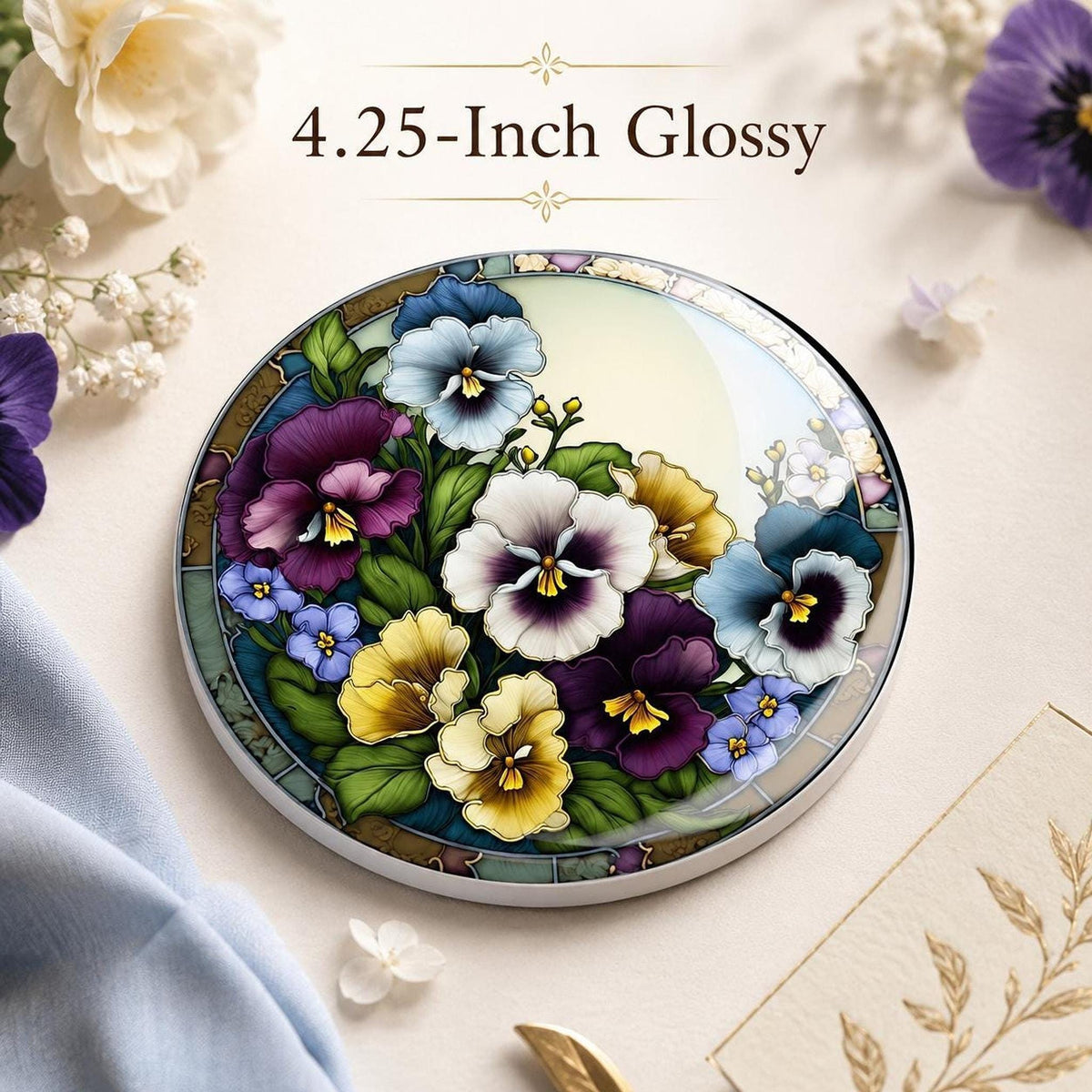 Pansy Coaster, Colorful Floral Ceramic Drink with Botanical Design