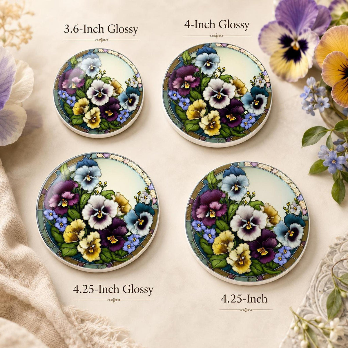 Pansy Coaster, Colorful Floral Ceramic Drink with Botanical Design