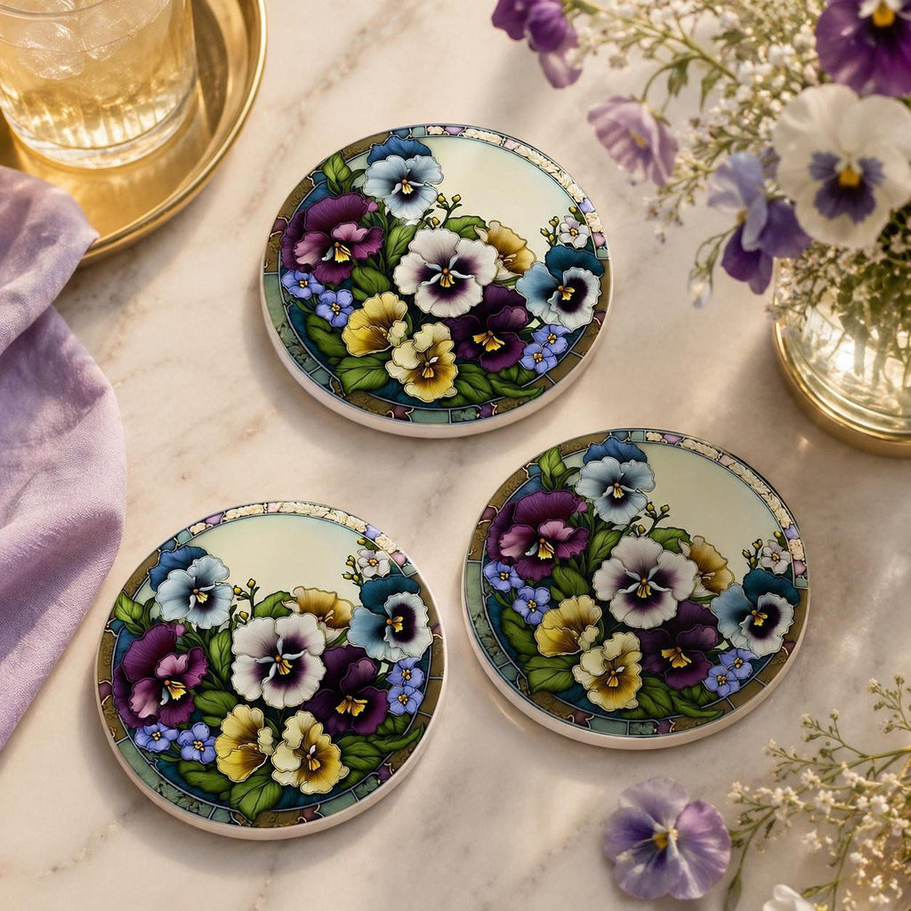 Pansy Coaster, Colorful Floral Ceramic Drink with Botanical Design