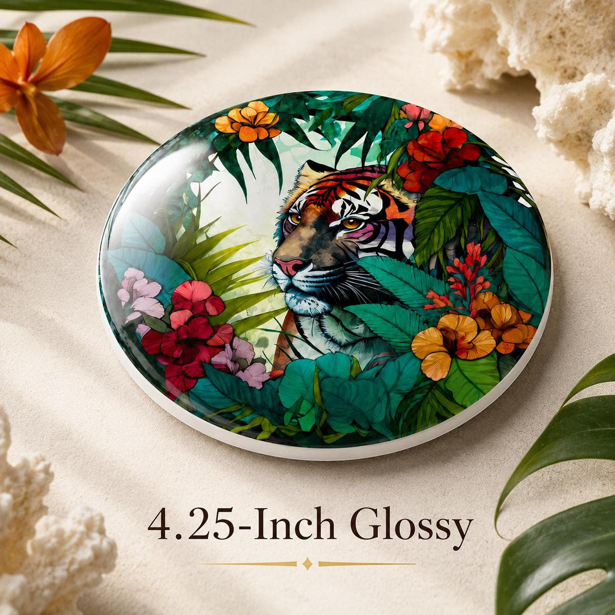 Tiger Coaster with Tropical Jungle Design, Ceramic Round