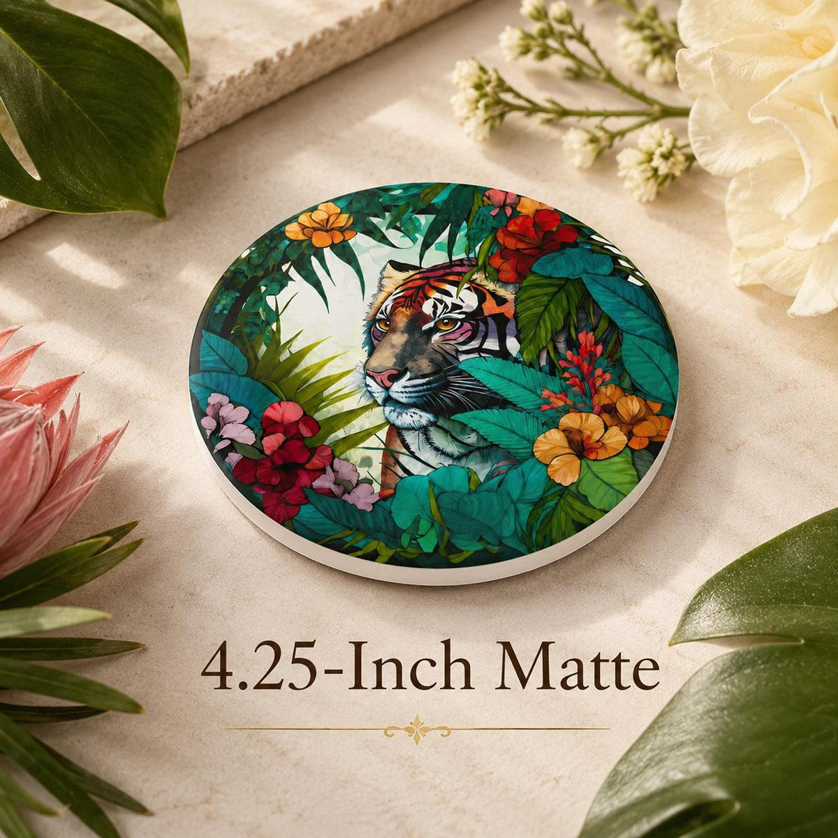 Tiger Coaster with Tropical Jungle Design, Ceramic Round