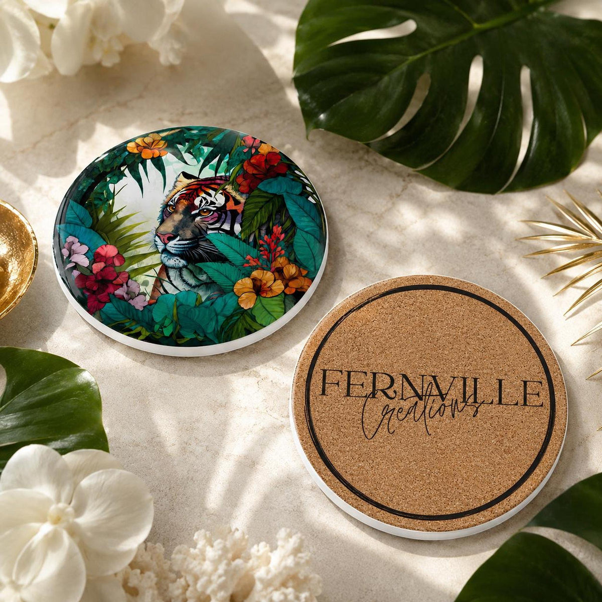 Tiger Coaster with Tropical Jungle Design, Ceramic Round