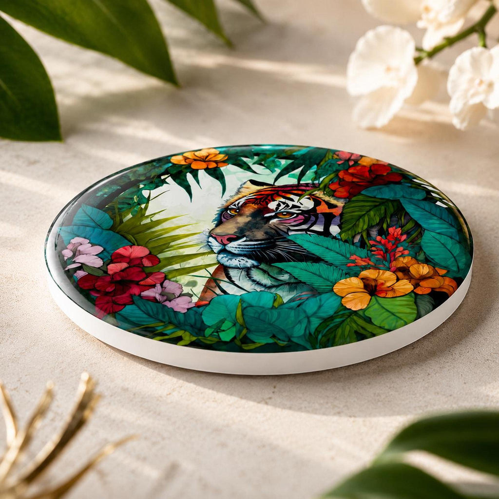 Tiger Coaster with Tropical Jungle Design, Ceramic Round