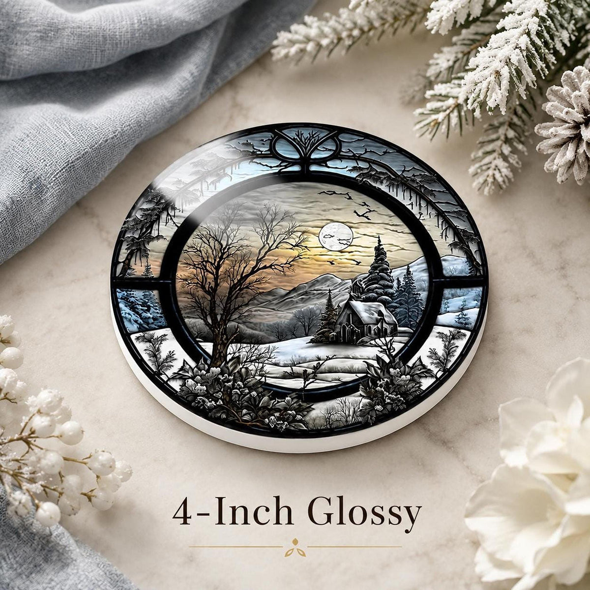Winter Coaster with Snowy Cabin Landscape, Ceramic Drink
