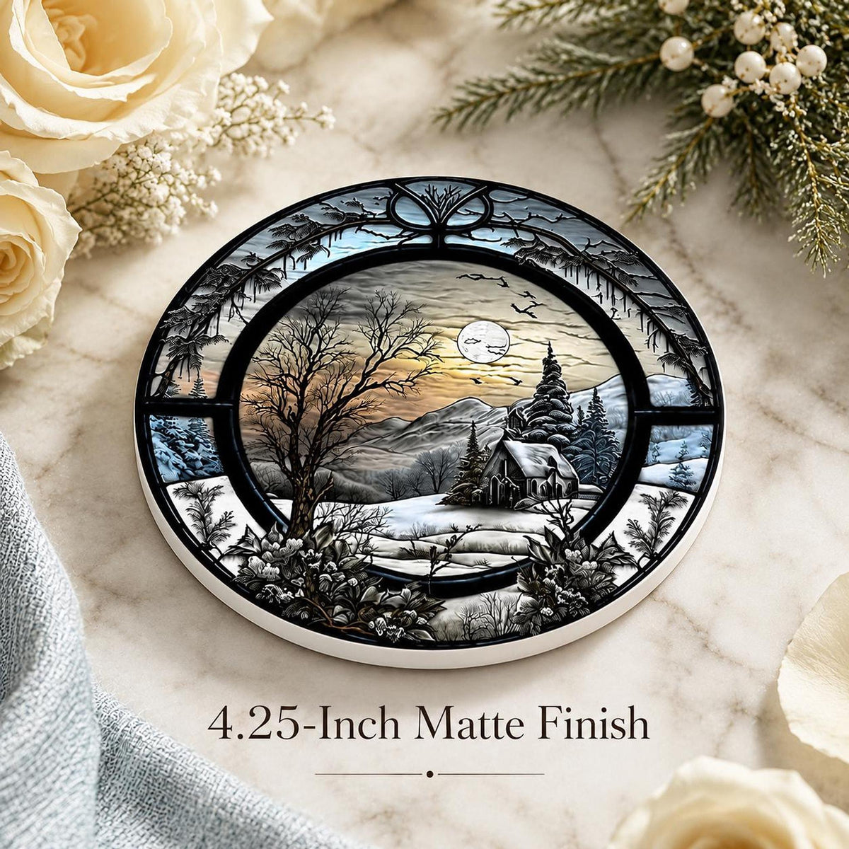 Winter Coaster with Snowy Cabin Landscape, Ceramic Drink
