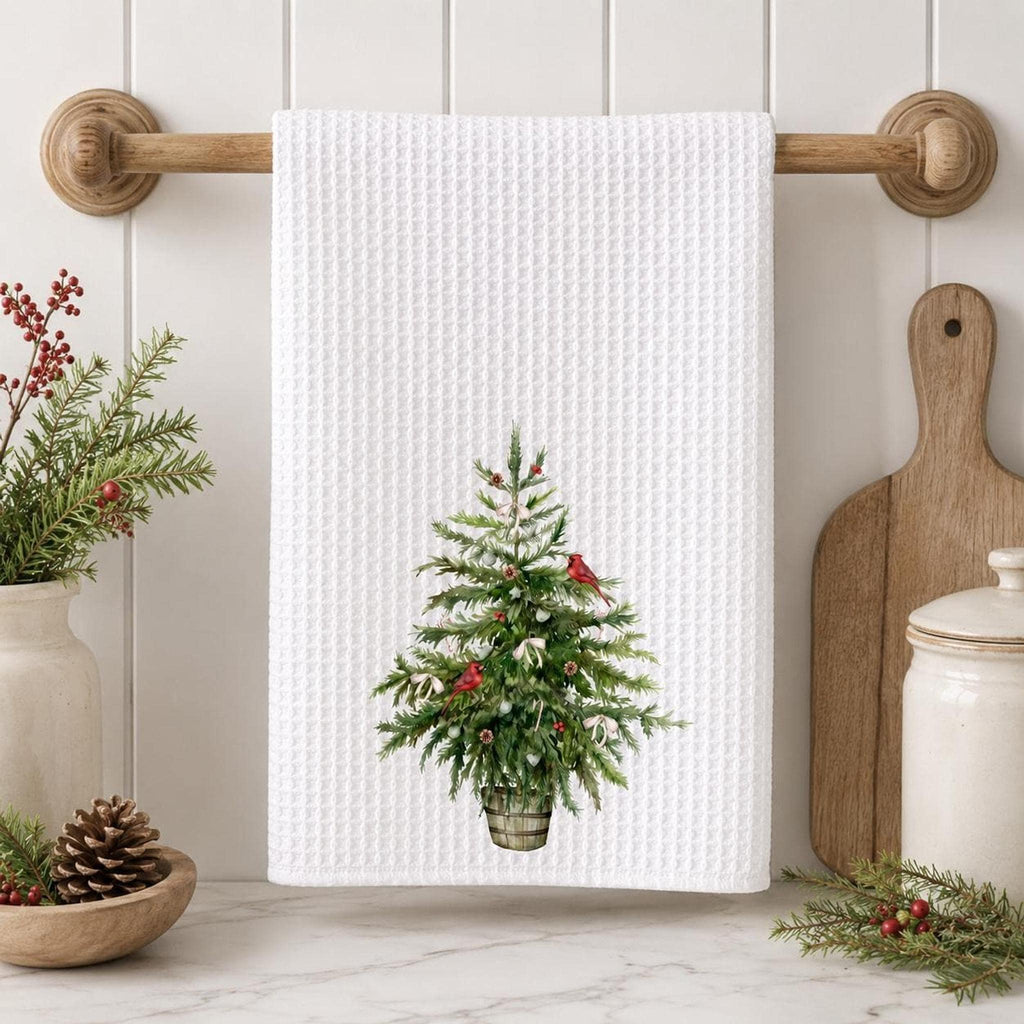 Christmas Tree Waffle Weave Towel with Cardinal Design, Rustic Holiday Decor