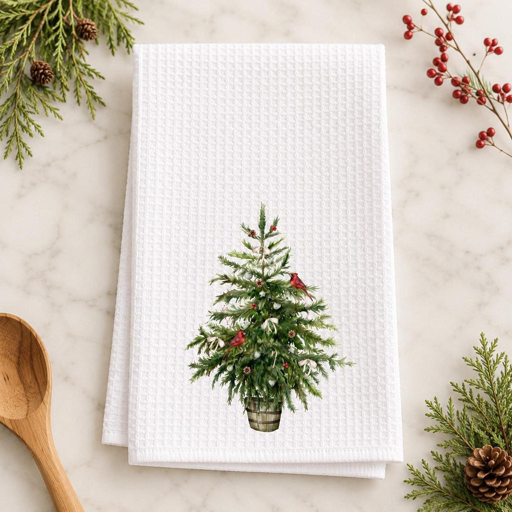 Christmas Tree Waffle Weave Towel with Cardinal Design, Rustic Holiday Decor