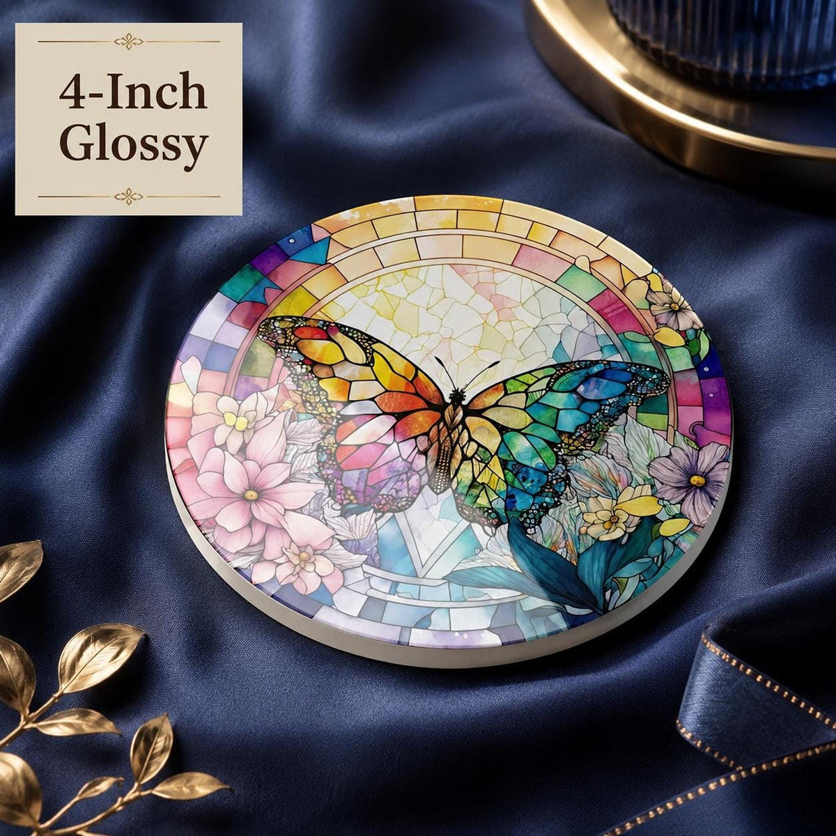 Rainbow Butterfly Ceramic Art Coaster, Colorful Floral Design