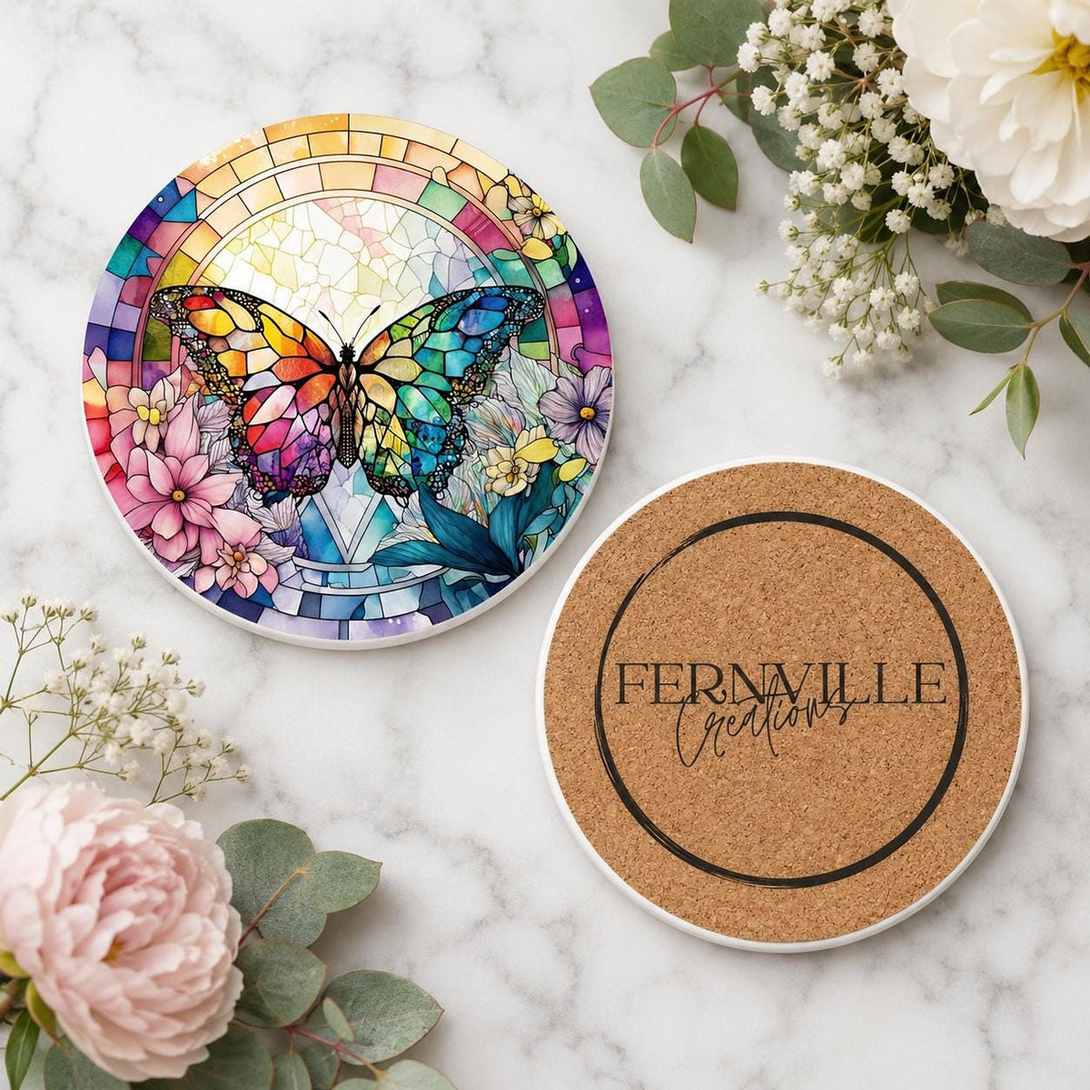 Rainbow Butterfly Ceramic Art Coaster, Colorful Floral Design
