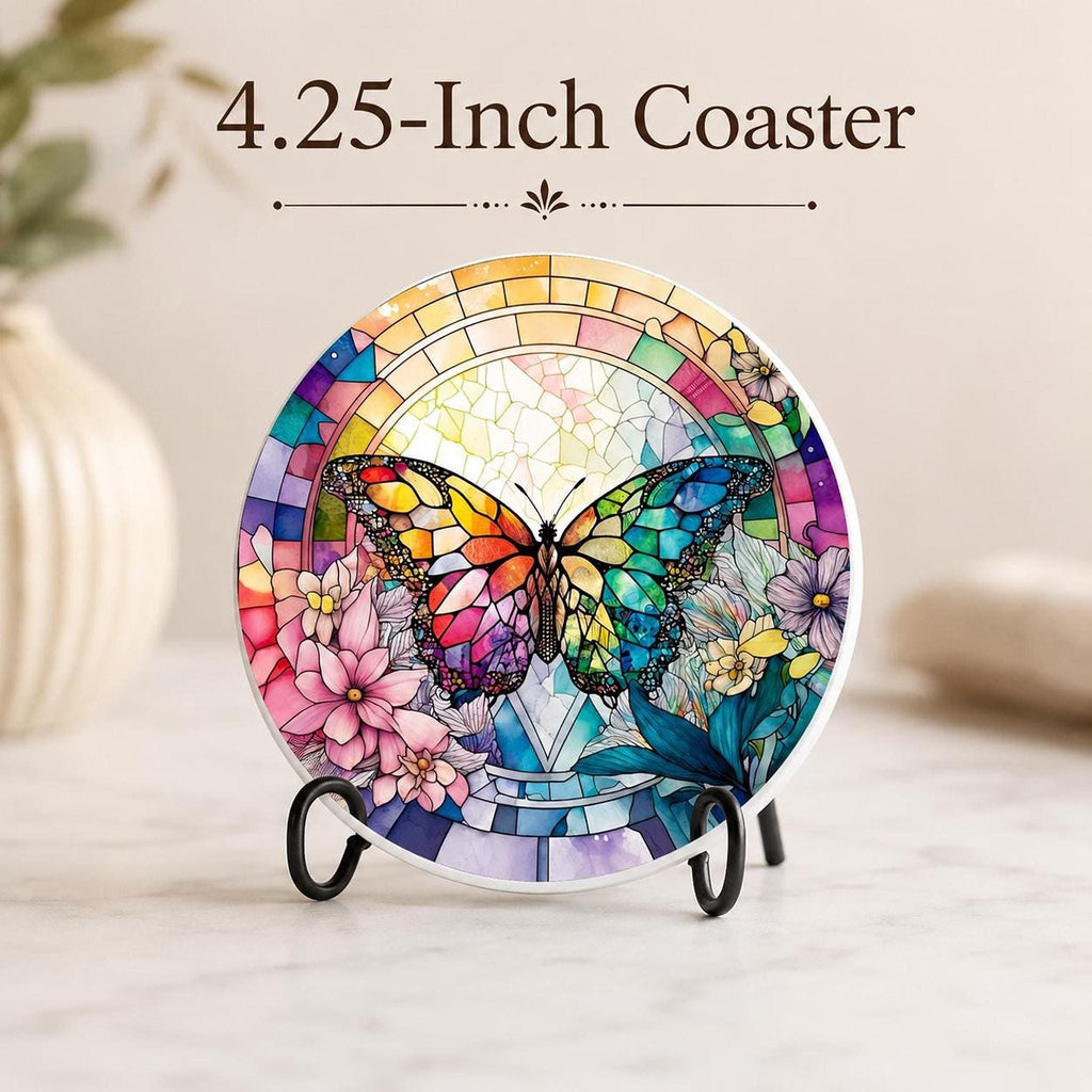 Rainbow Butterfly Ceramic Art Coaster, Colorful Floral Design