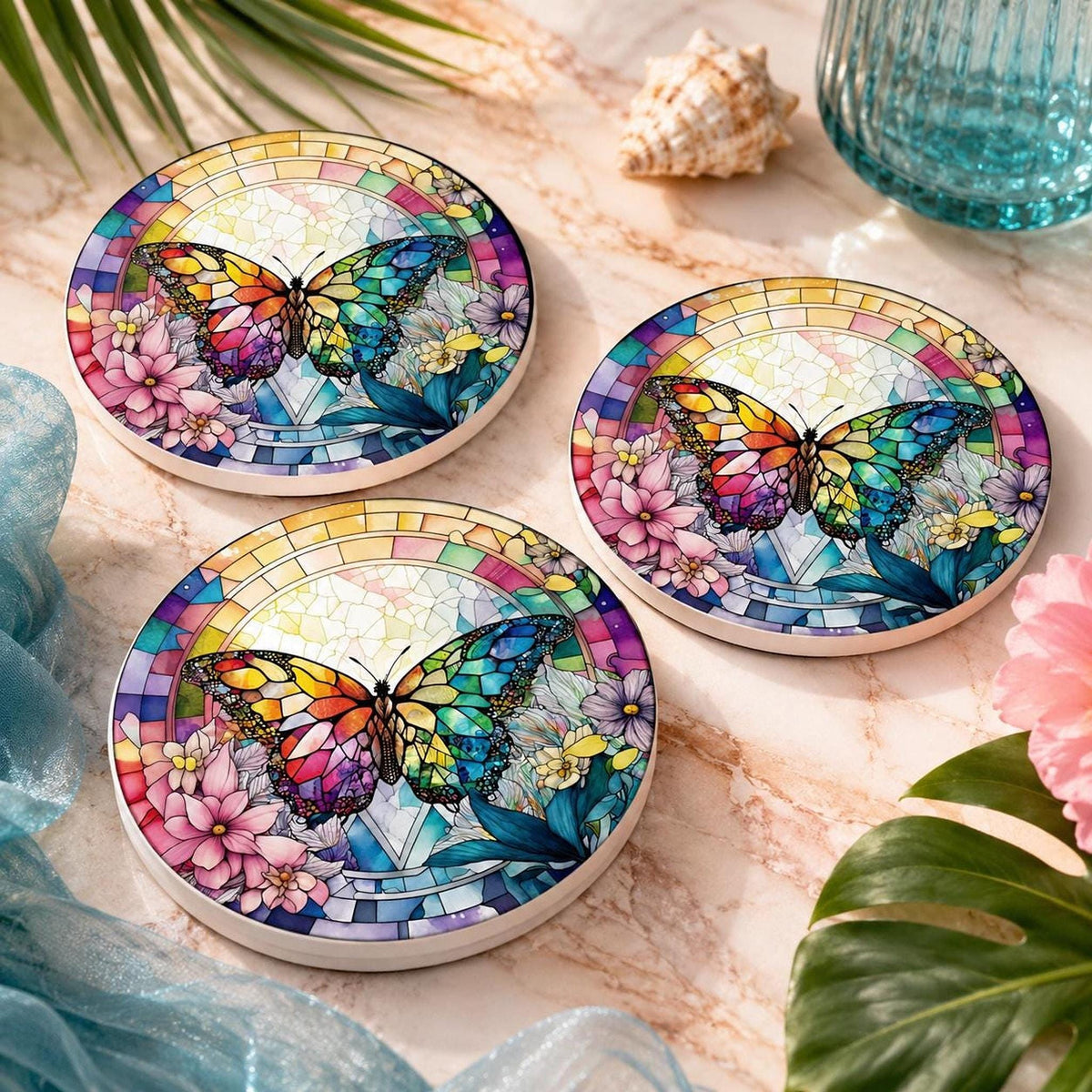 Rainbow Butterfly Ceramic Art Coaster, Colorful Floral Design