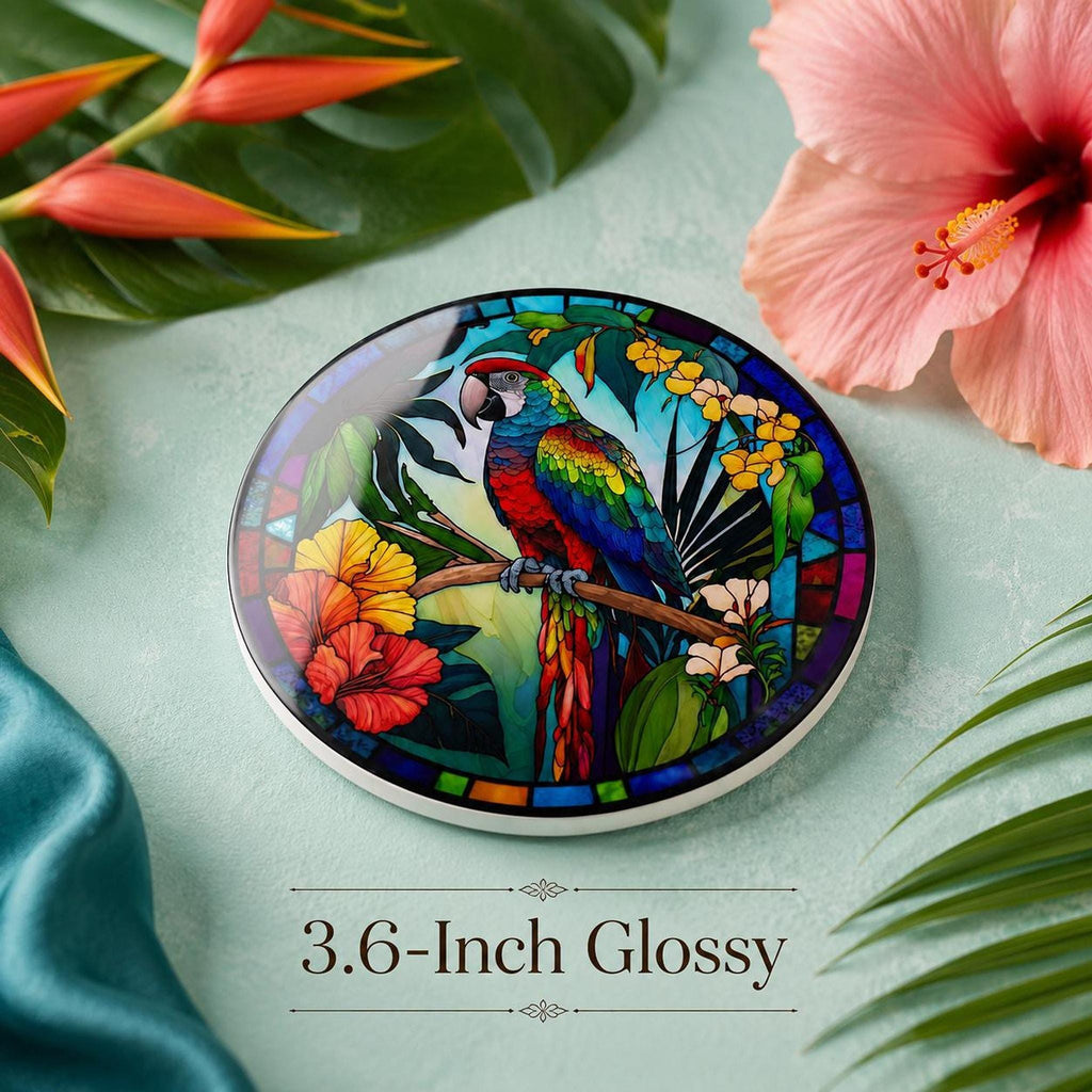 Colorful Parrot Coaster, Tropical Ceramic Drink with Glossy Finish
