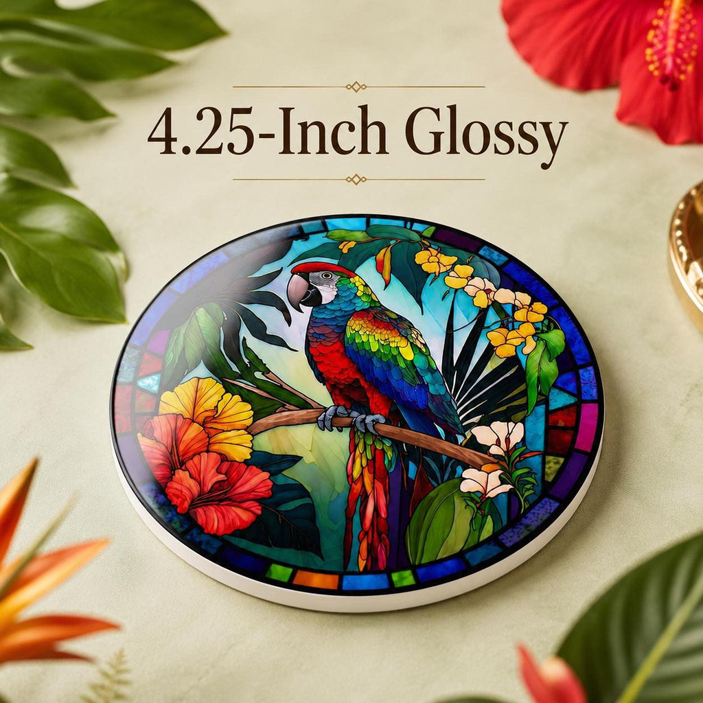 Colorful Parrot Coaster, Tropical Ceramic Drink with Glossy Finish