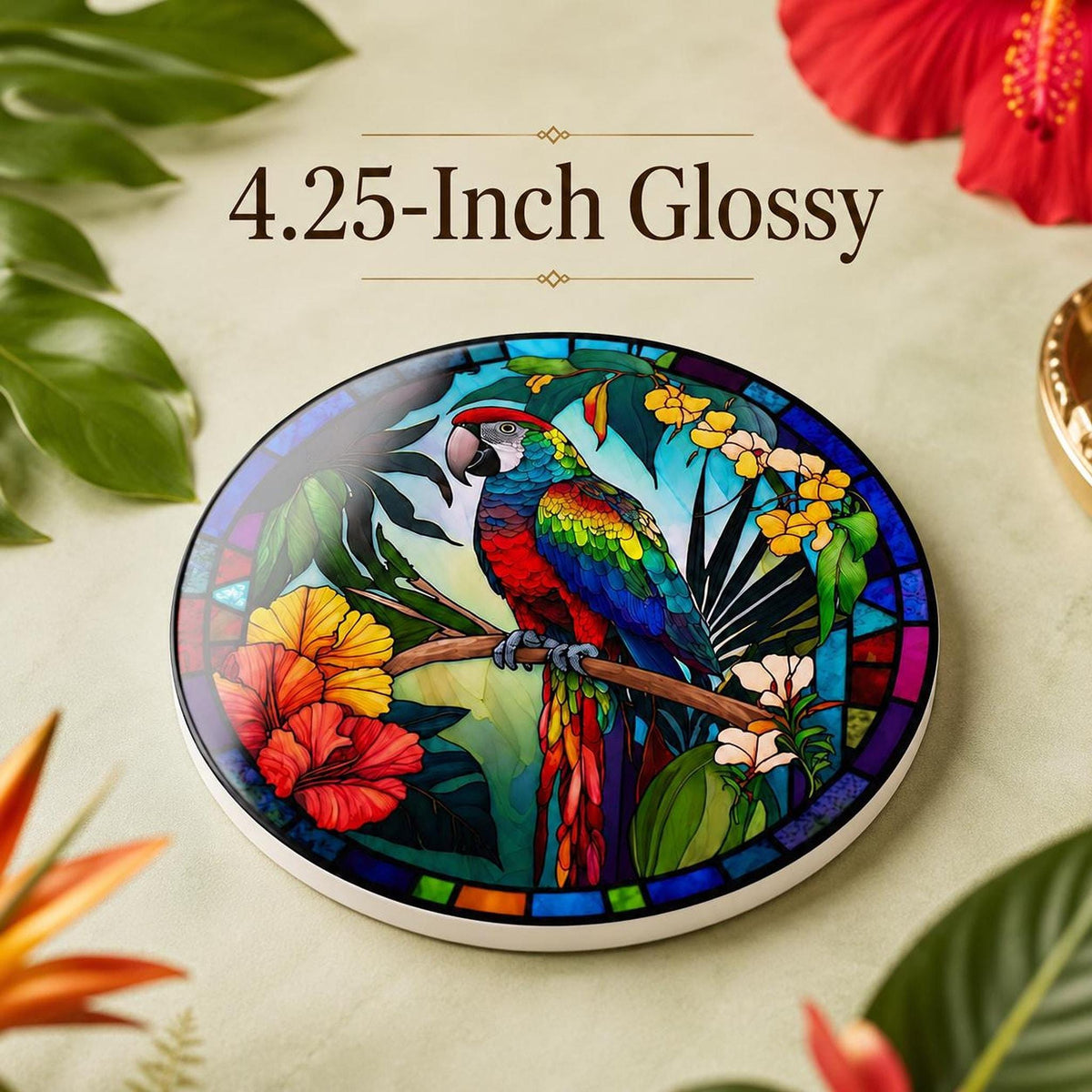 Colorful Parrot Coaster, Tropical Ceramic Drink with Glossy Finish