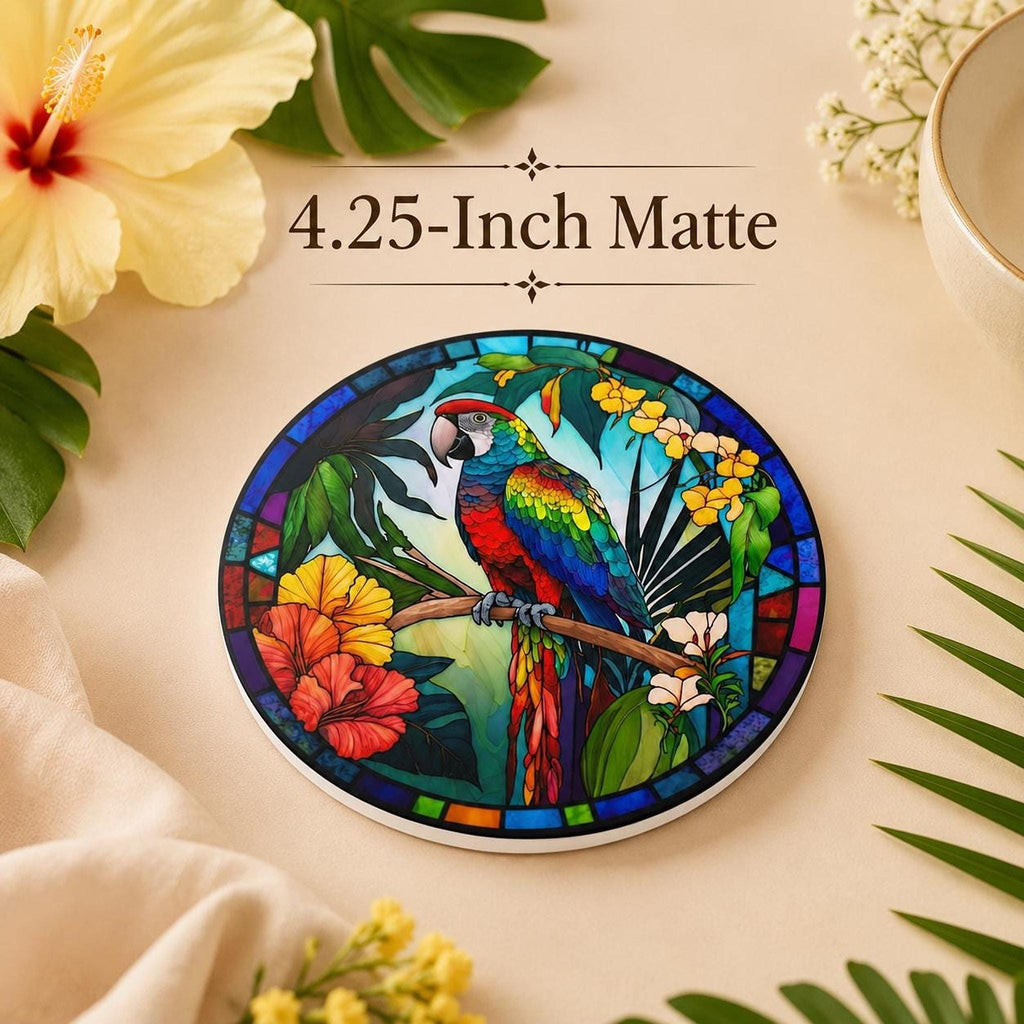 Colorful Parrot Coaster, Tropical Ceramic Drink with Glossy Finish