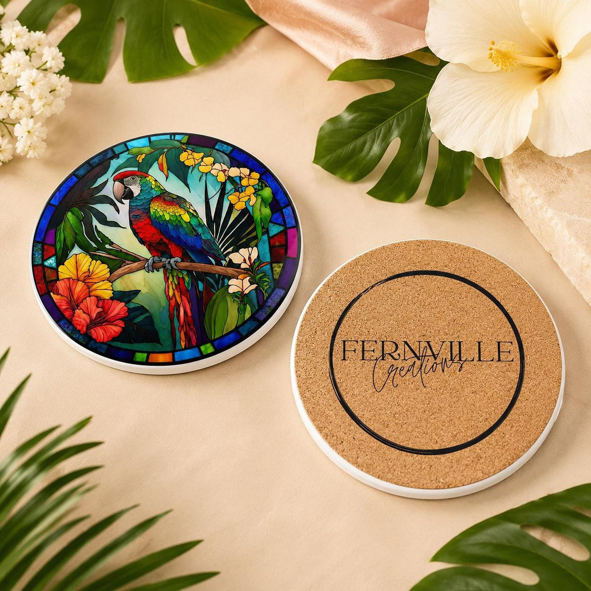 Colorful Parrot Coaster, Tropical Ceramic Drink with Glossy Finish