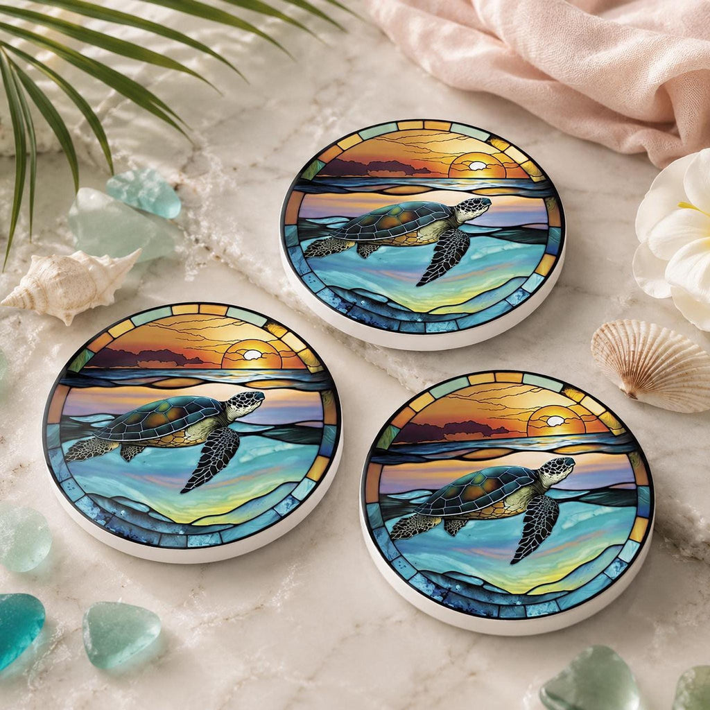 Sea Turtle Coaster, Round Ceramic Design with Glossy and Matte Options