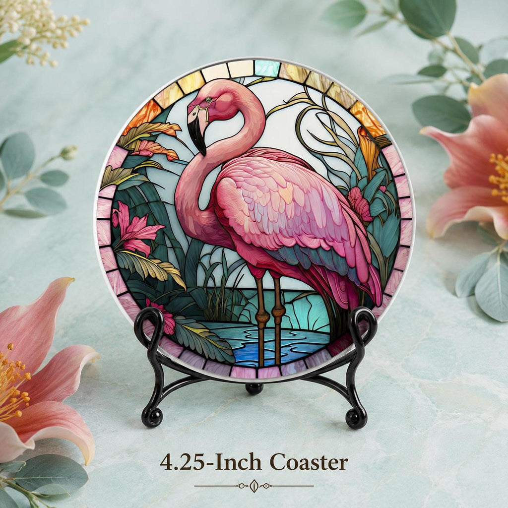 Flamingo Coaster, Round Ceramic Bird Decor with Tropical Design
