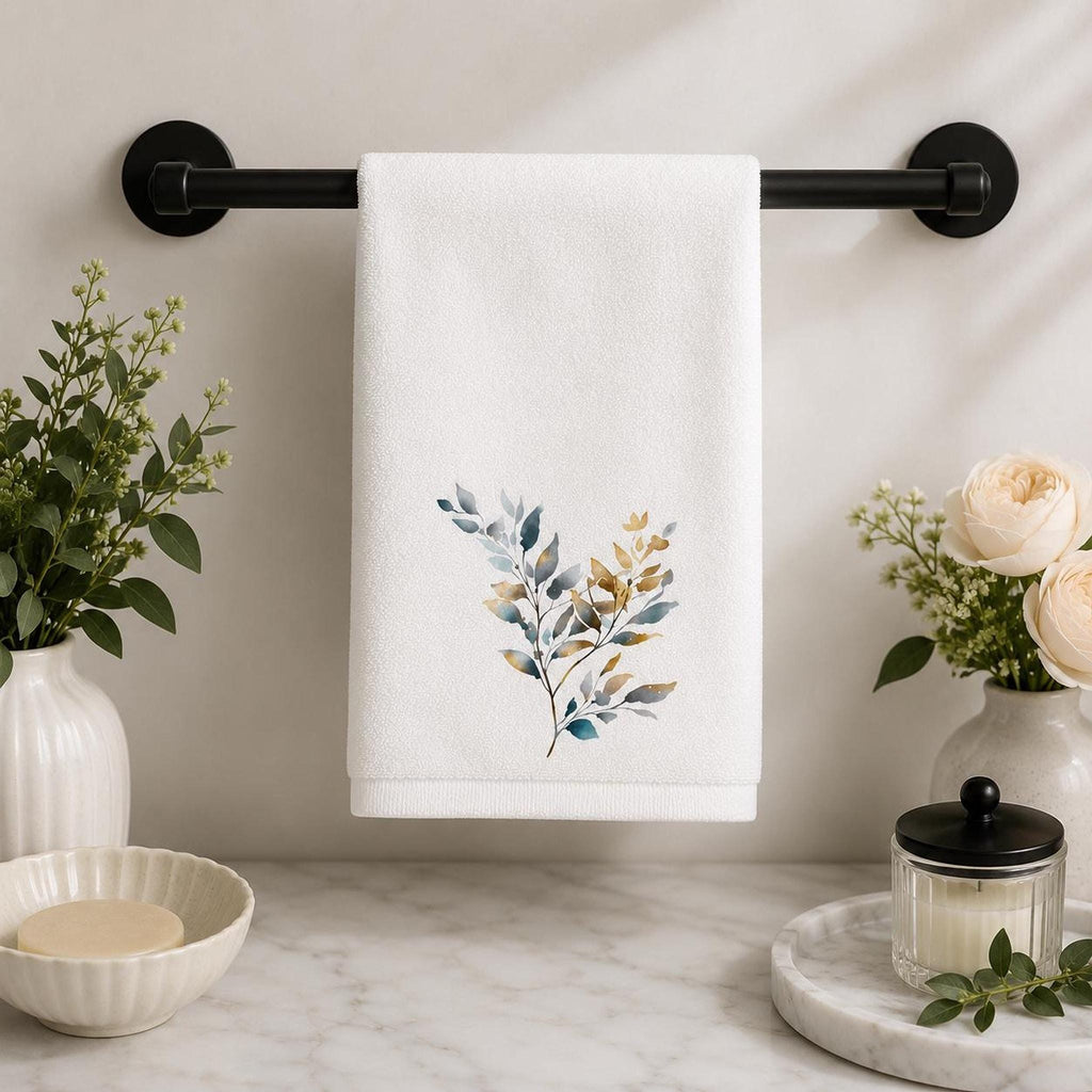 Botanical Fingertip Towel, Blue Gold Leaf Design for Guest Bath