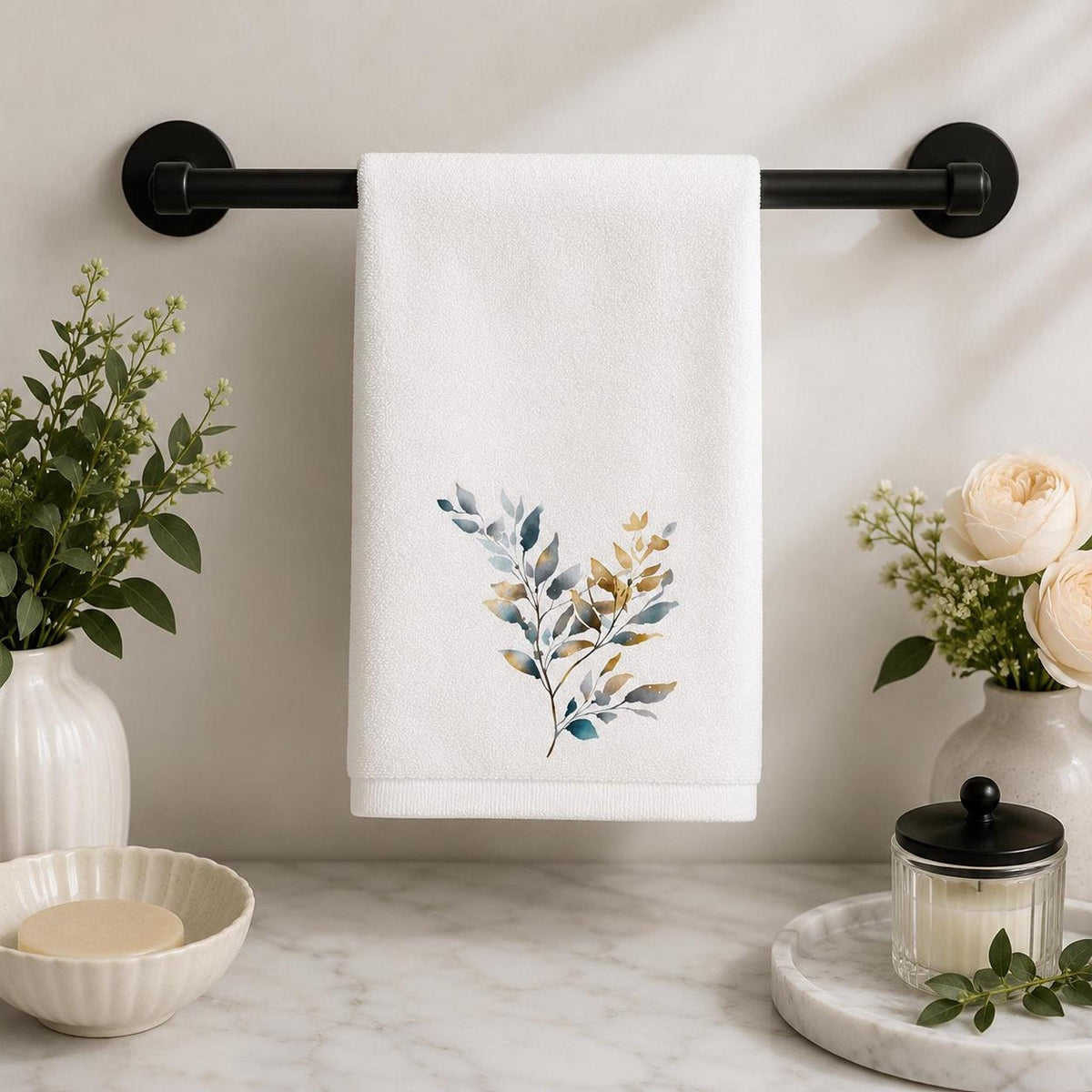Botanical Fingertip Towel, Blue Gold Leaf Design for Guest Bath