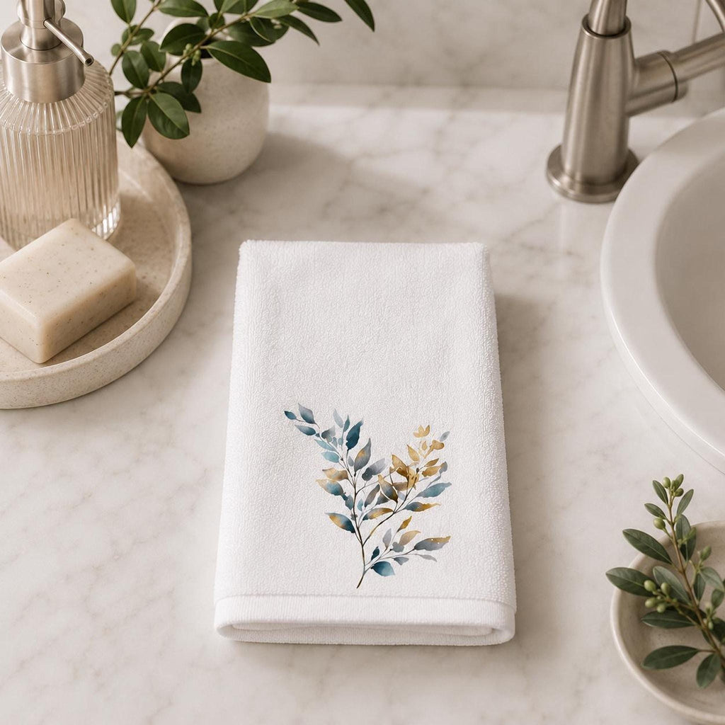 Botanical Fingertip Towel, Blue Gold Leaf Design for Guest Bath