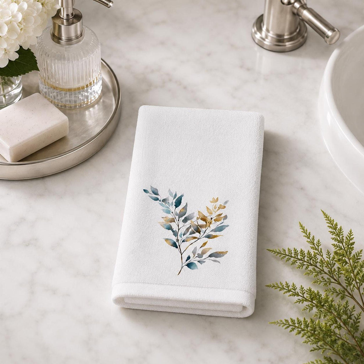 Botanical Fingertip Towel, Blue Gold Leaf Design for Guest Bath