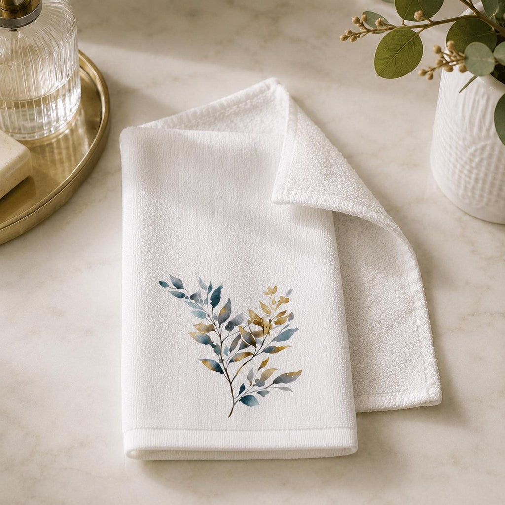 Botanical Fingertip Towel, Blue Gold Leaf Design for Guest Bath