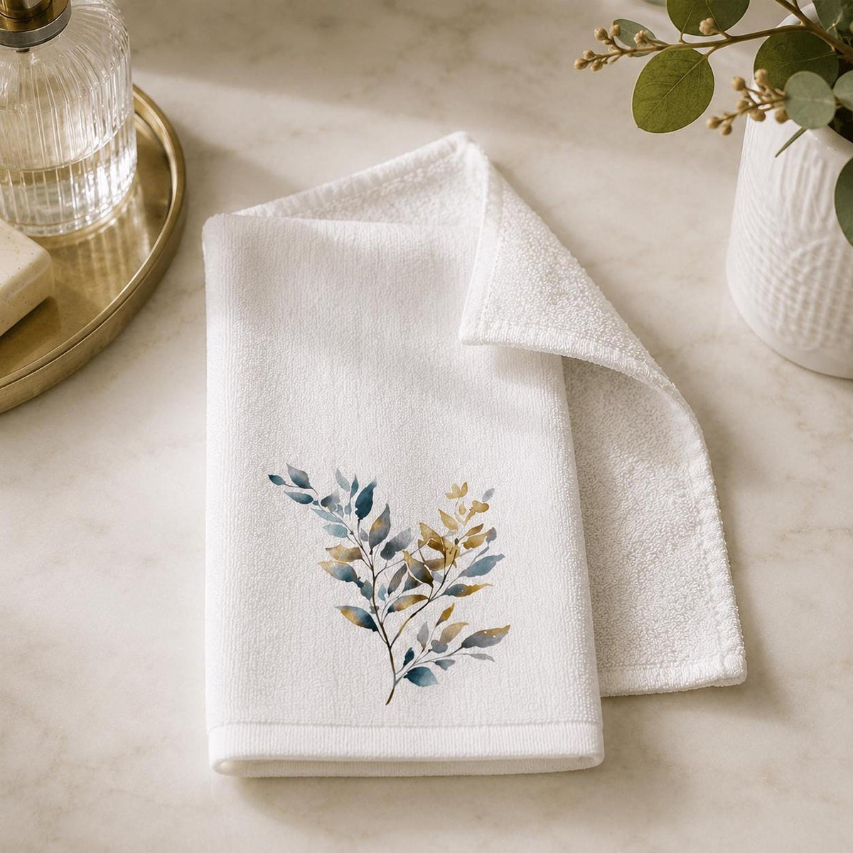Botanical Fingertip Towel, Blue Gold Leaf Design for Guest Bath