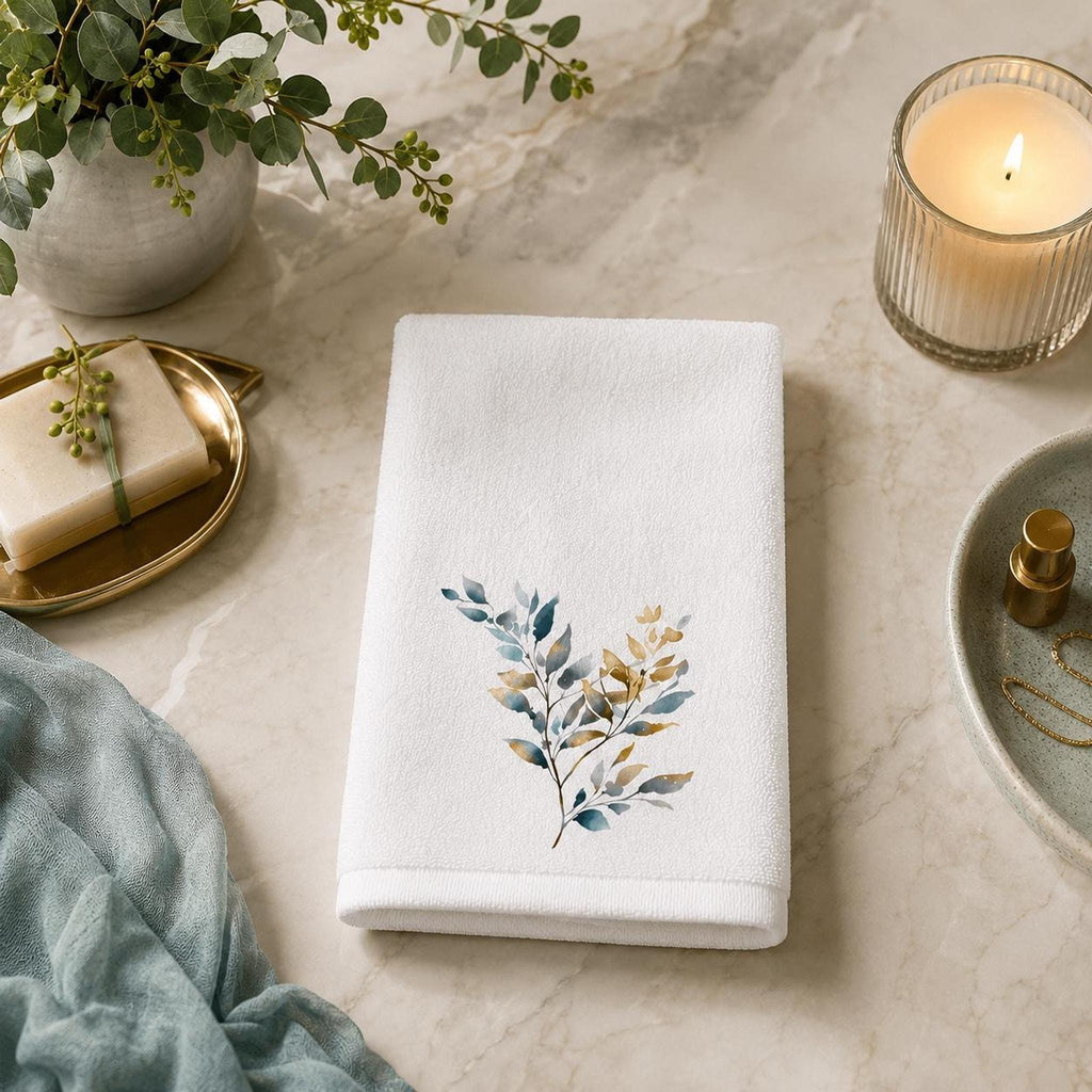 Botanical Fingertip Towel, Blue Gold Leaf Design for Guest Bath