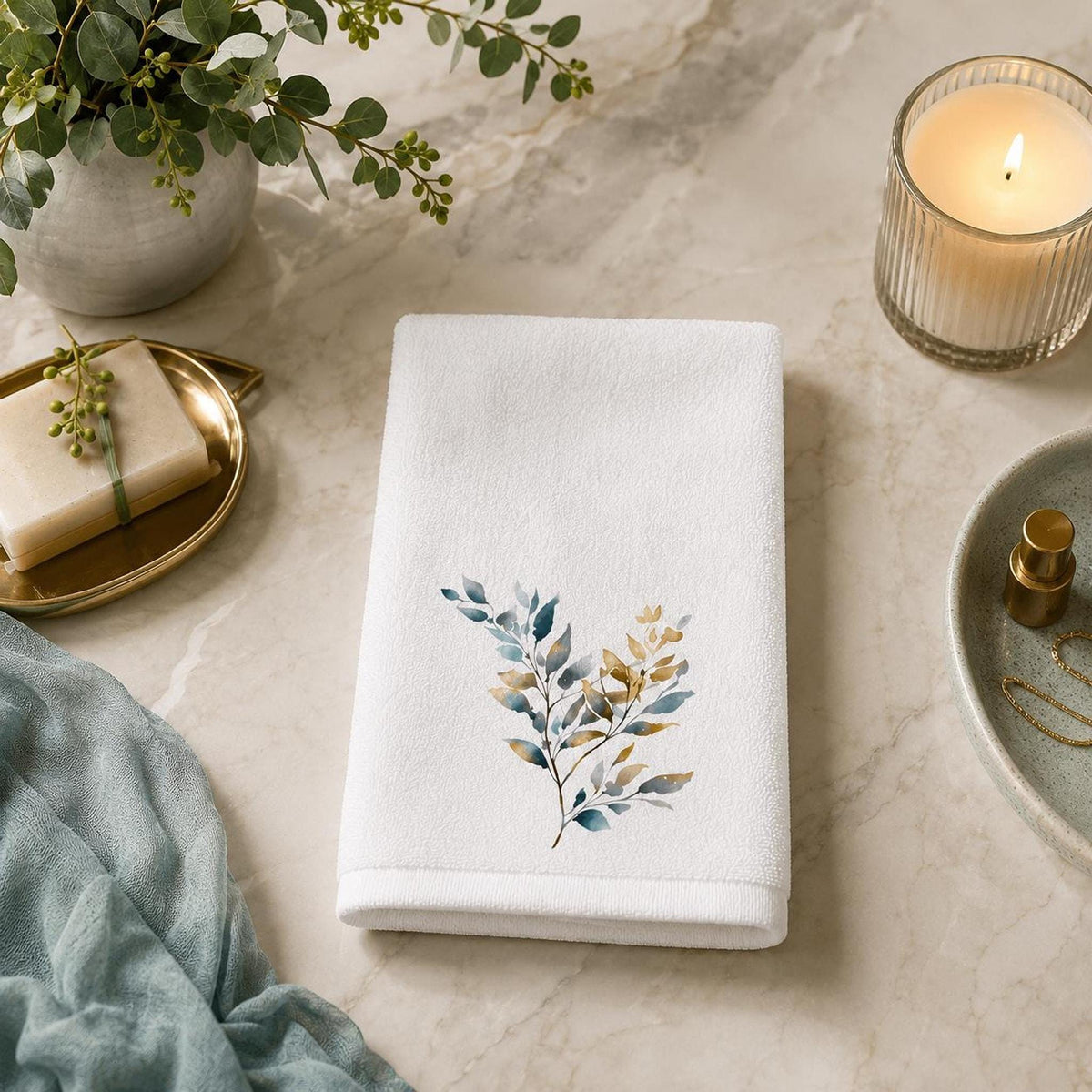 Botanical Fingertip Towel, Blue Gold Leaf Design for Guest Bath
