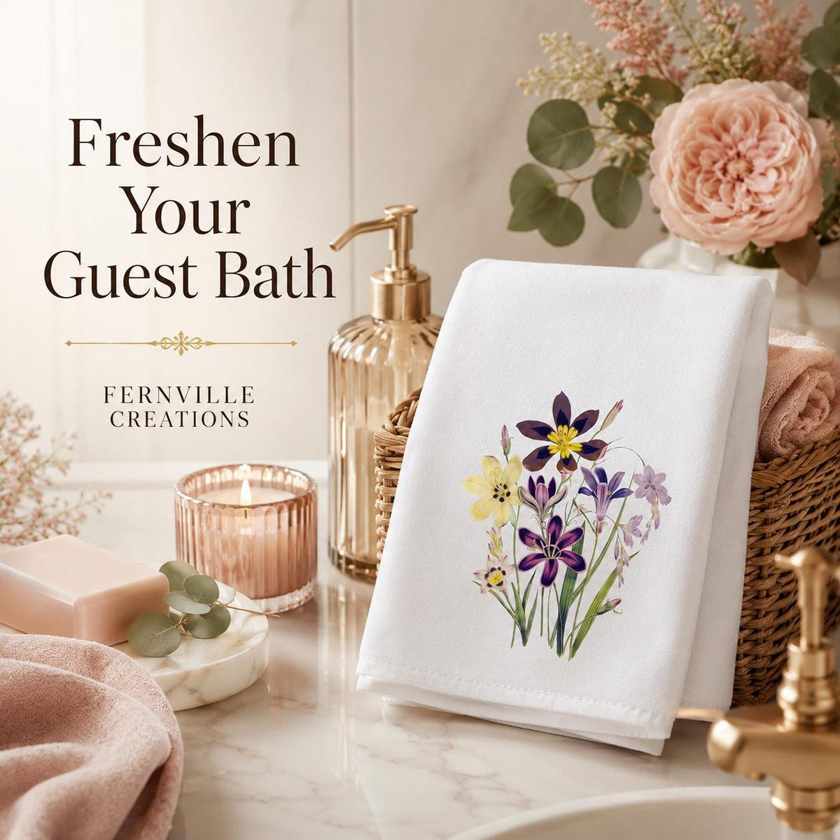 Wildflower Fingertip Towel, Floral Guest with Purple and Yellow Design