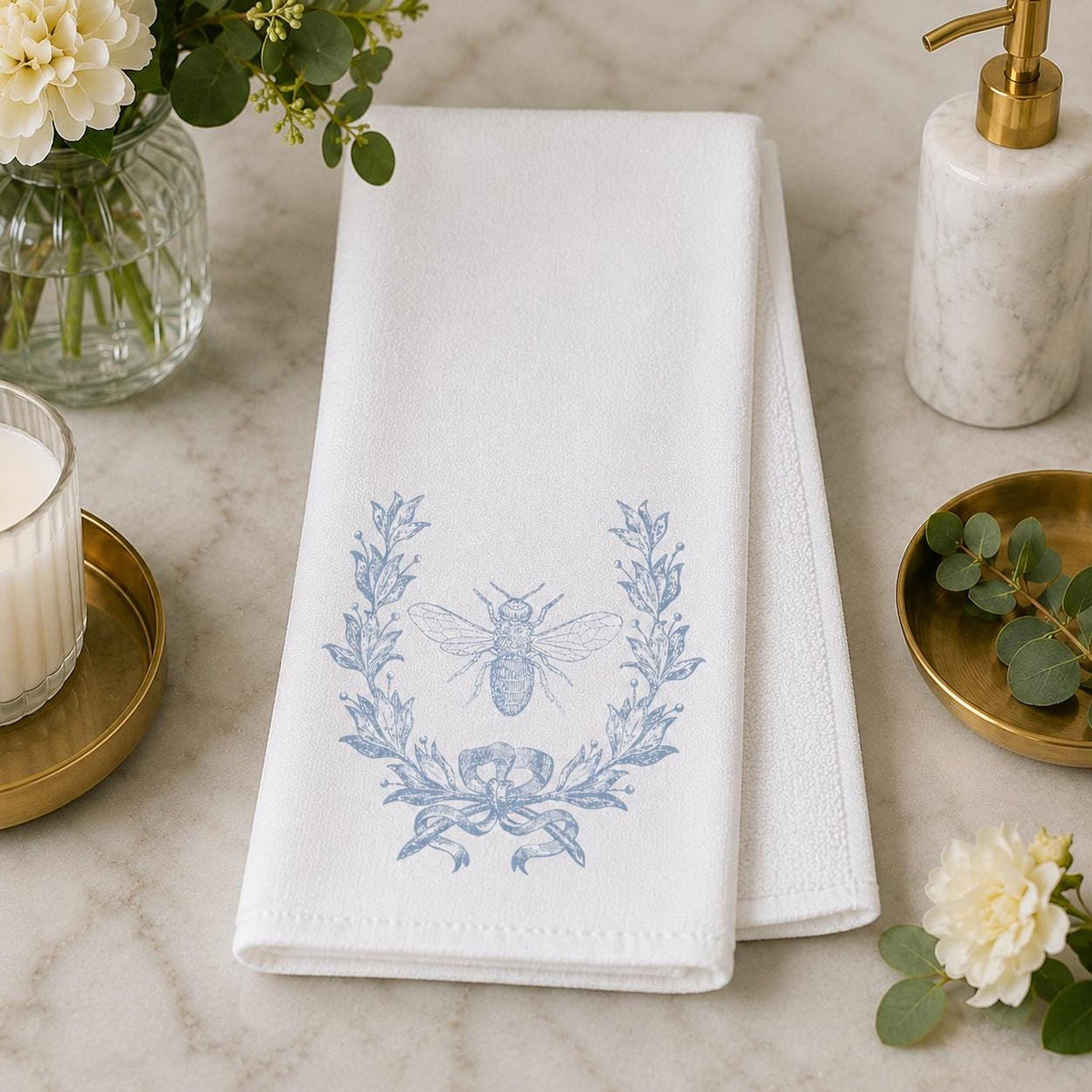 Bee Hand Towel, Blue Botanical Design for Powder Room Decor